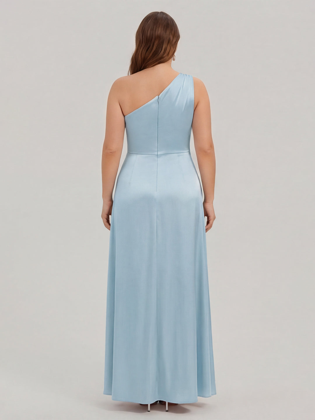 Elegant Sky Blue Satin A-Line One Shoulder Side Zip Ankle-Length Plus Size Bridesmaid Dress
