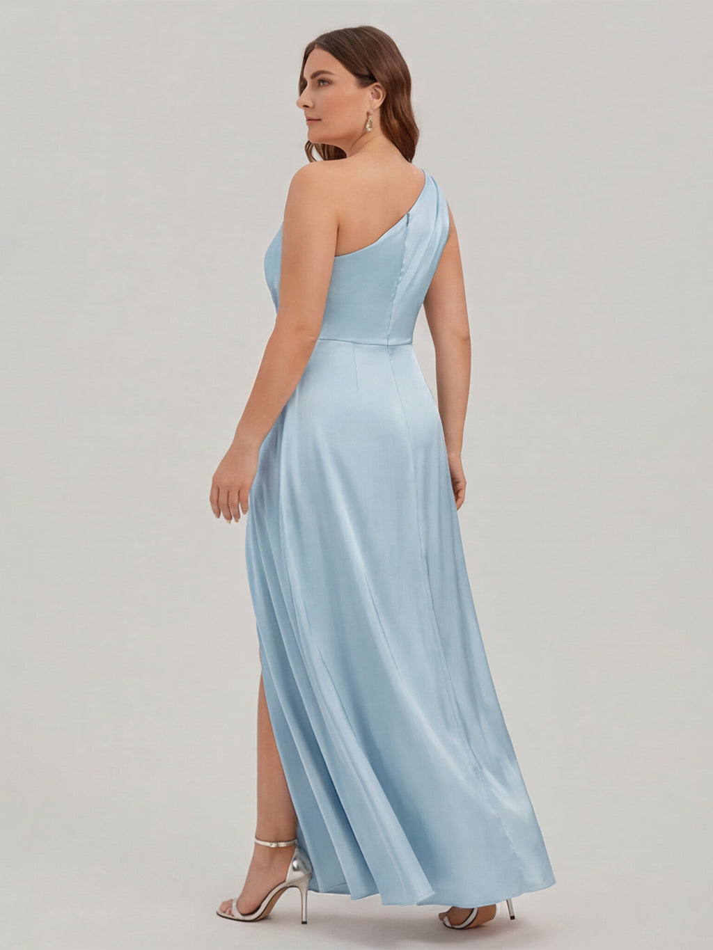 Elegant Sky Blue Satin A-Line One Shoulder Side Zip Ankle-Length Plus Size Bridesmaid Dress