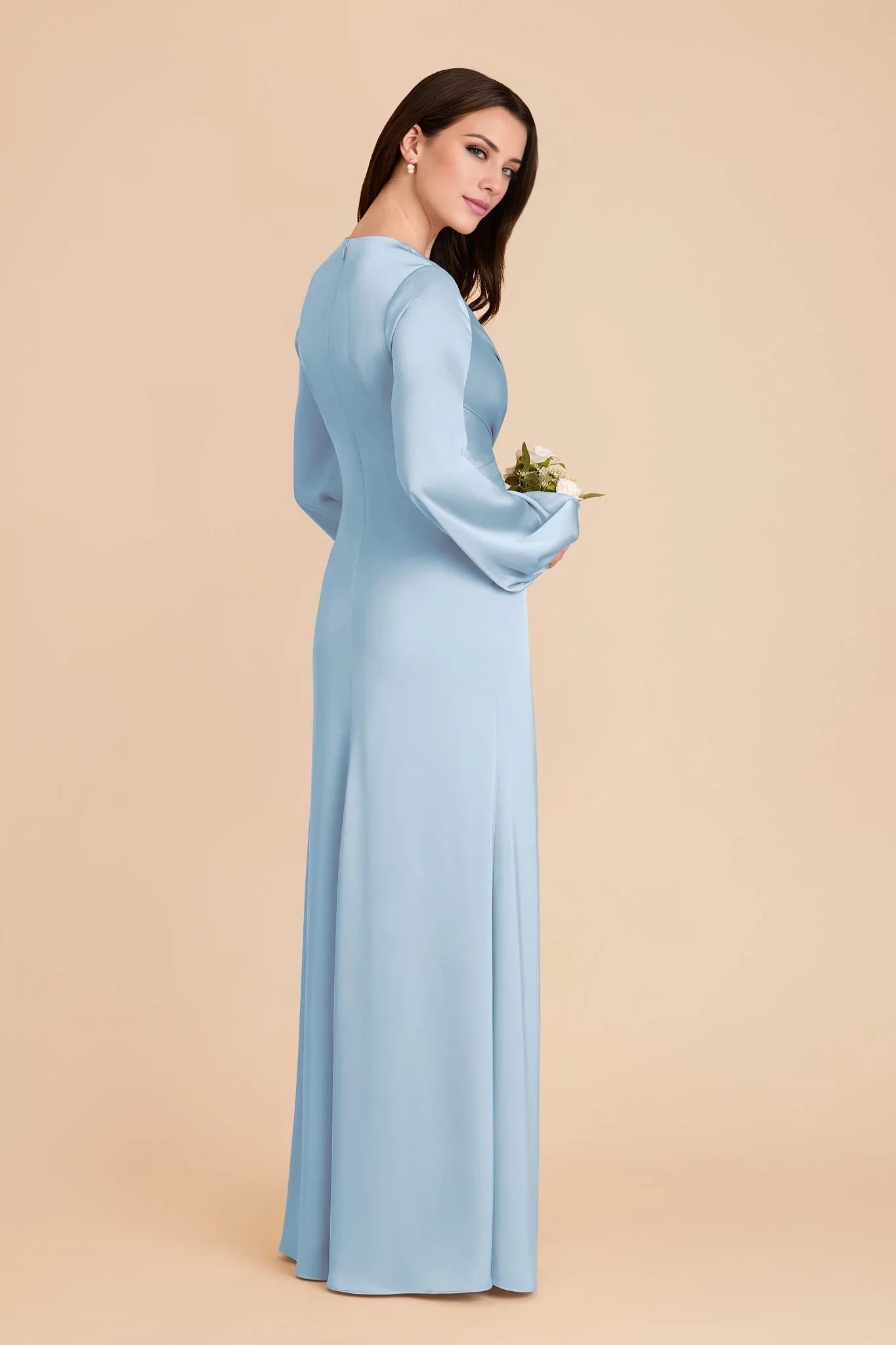 Elegant Sky Blue Satin Deep V-Neck Puff-Sleeve Maxi Bridesmaid Dress with Twist Waist Detail