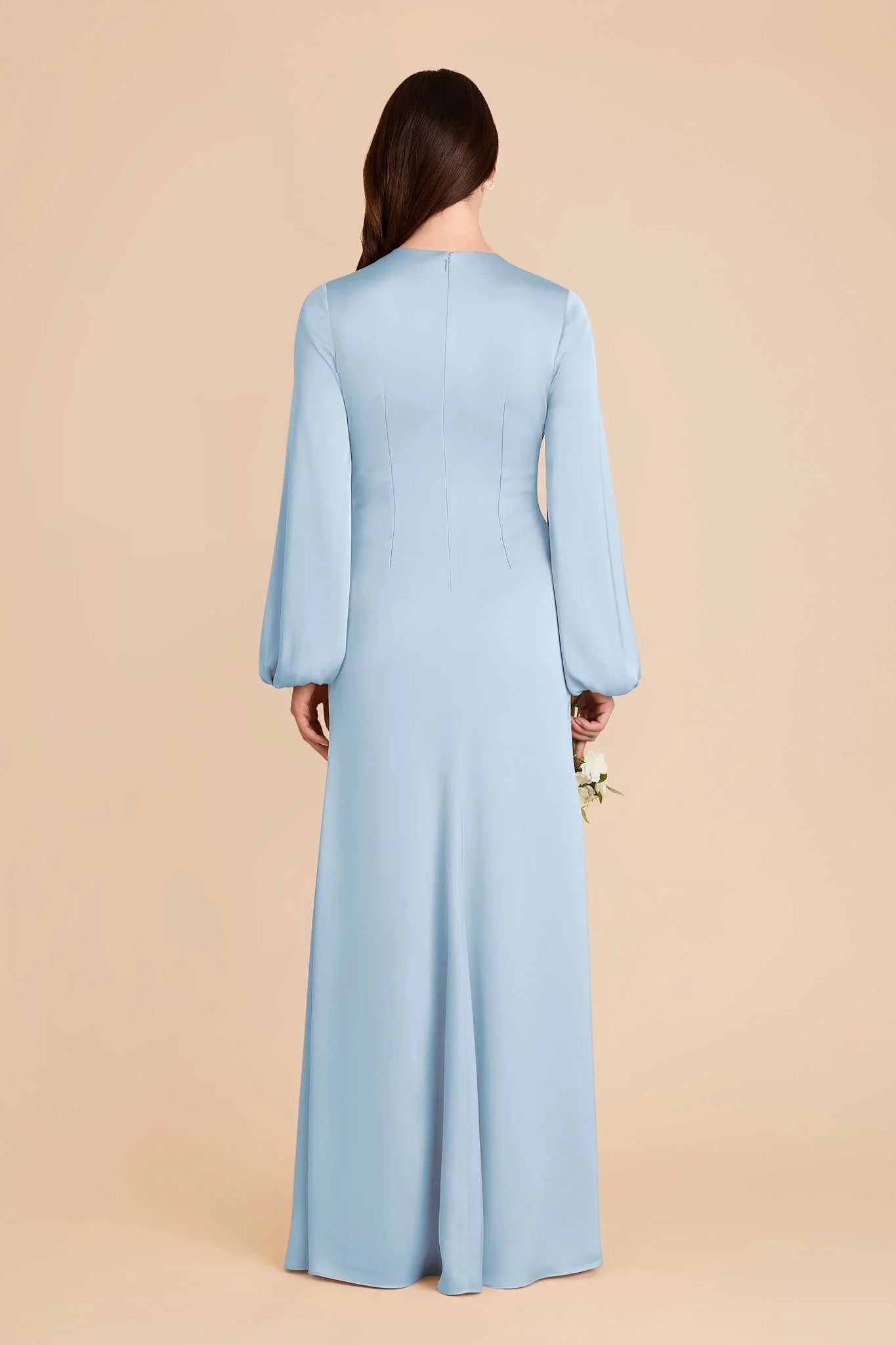 Elegant Sky Blue Satin Deep V-Neck Puff-Sleeve Maxi Bridesmaid Dress with Twist Waist Detail