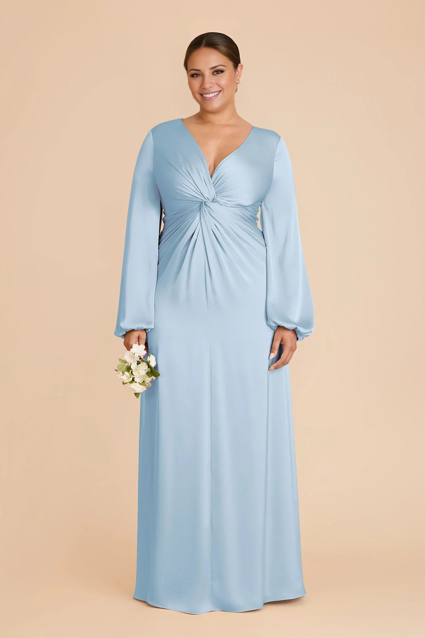 Elegant Sky Blue Satin Deep V-Neck Puff-Sleeve Maxi Bridesmaid Dress with Twist Waist Detail