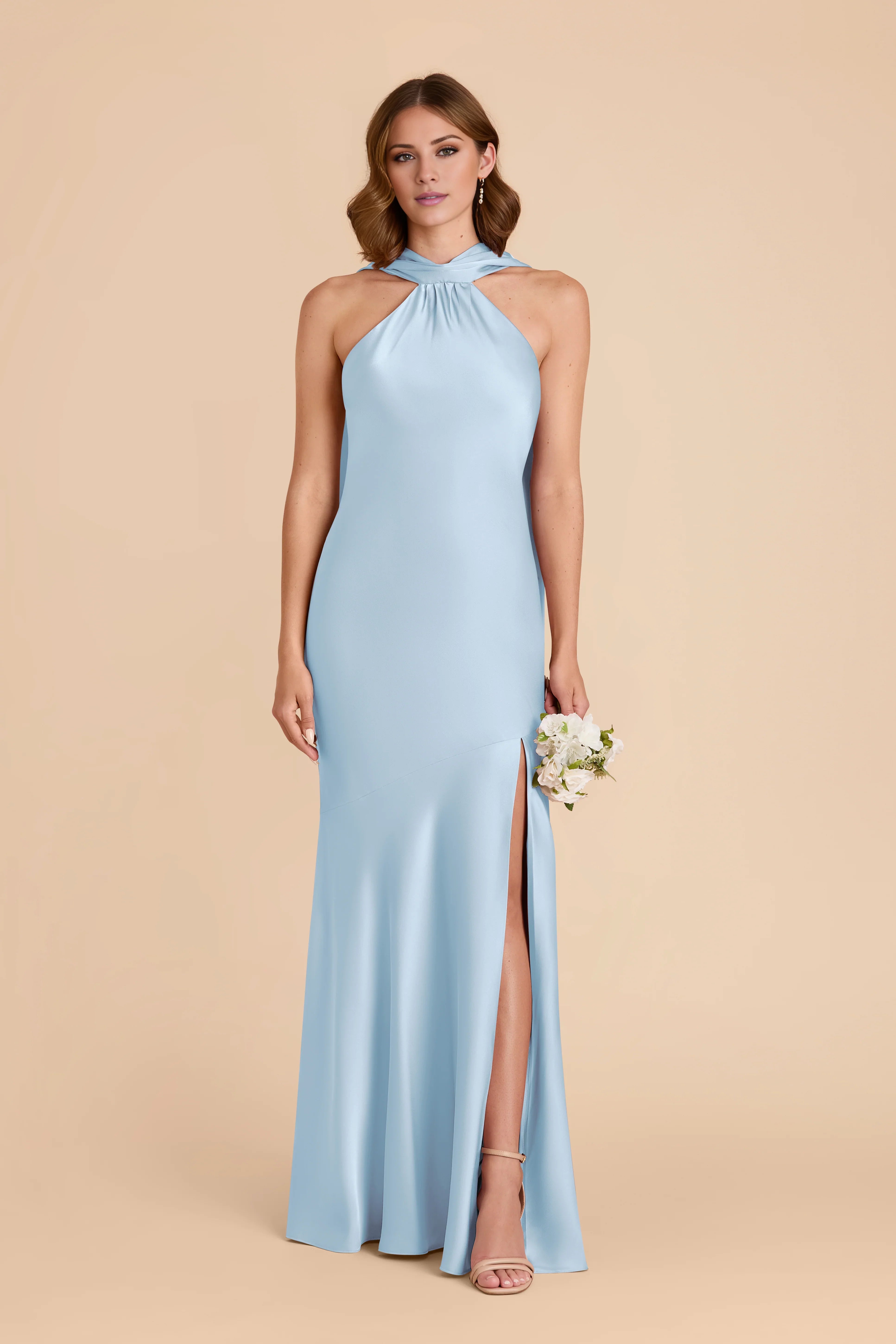 Elegant Sky Blue Satin Halter-Neck Sleeveless Back Zip Floor-Length Bridesmaid Dress