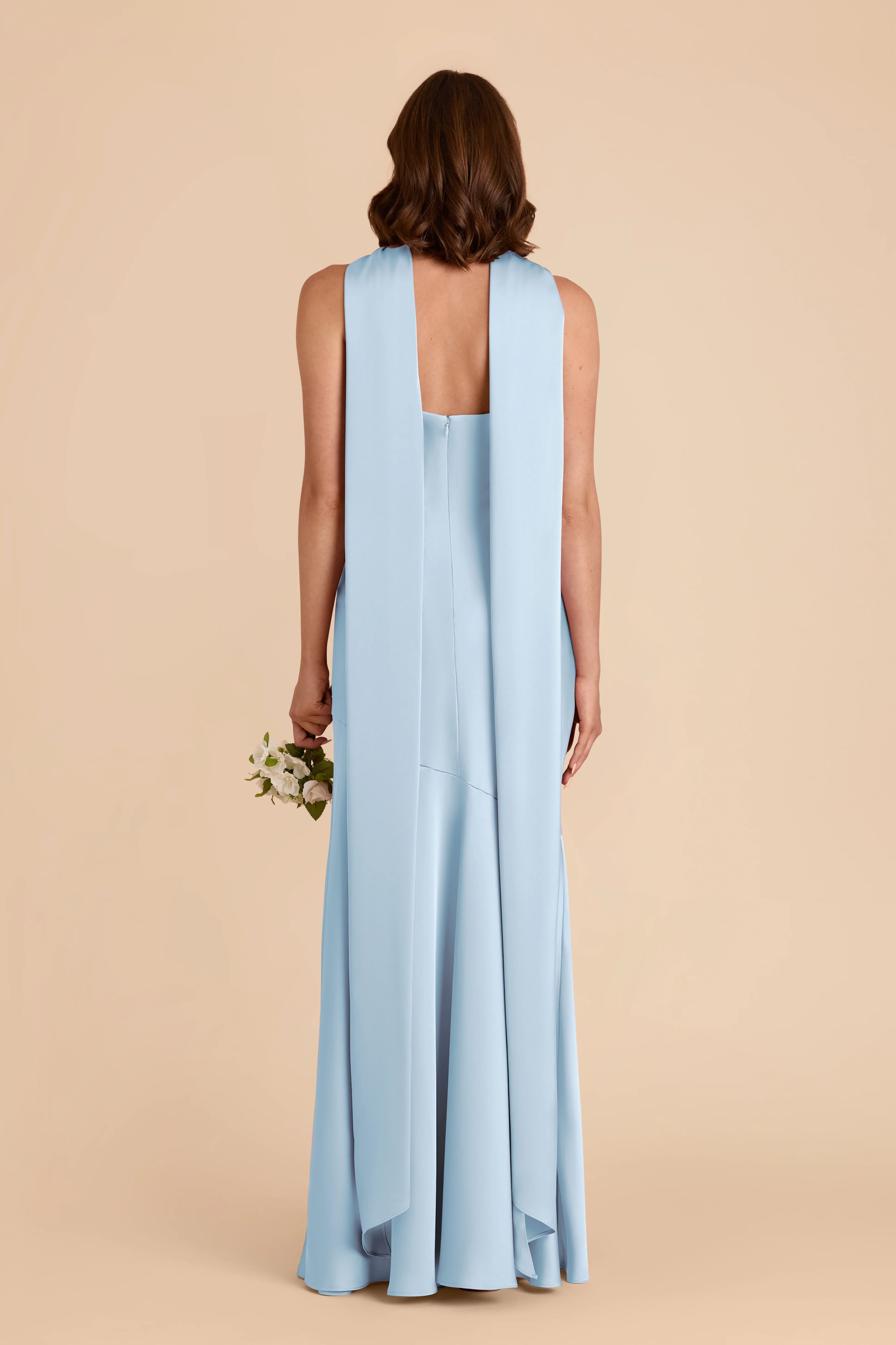Elegant Sky Blue Satin Halter-Neck Sleeveless Back Zip Floor-Length Bridesmaid Dress
