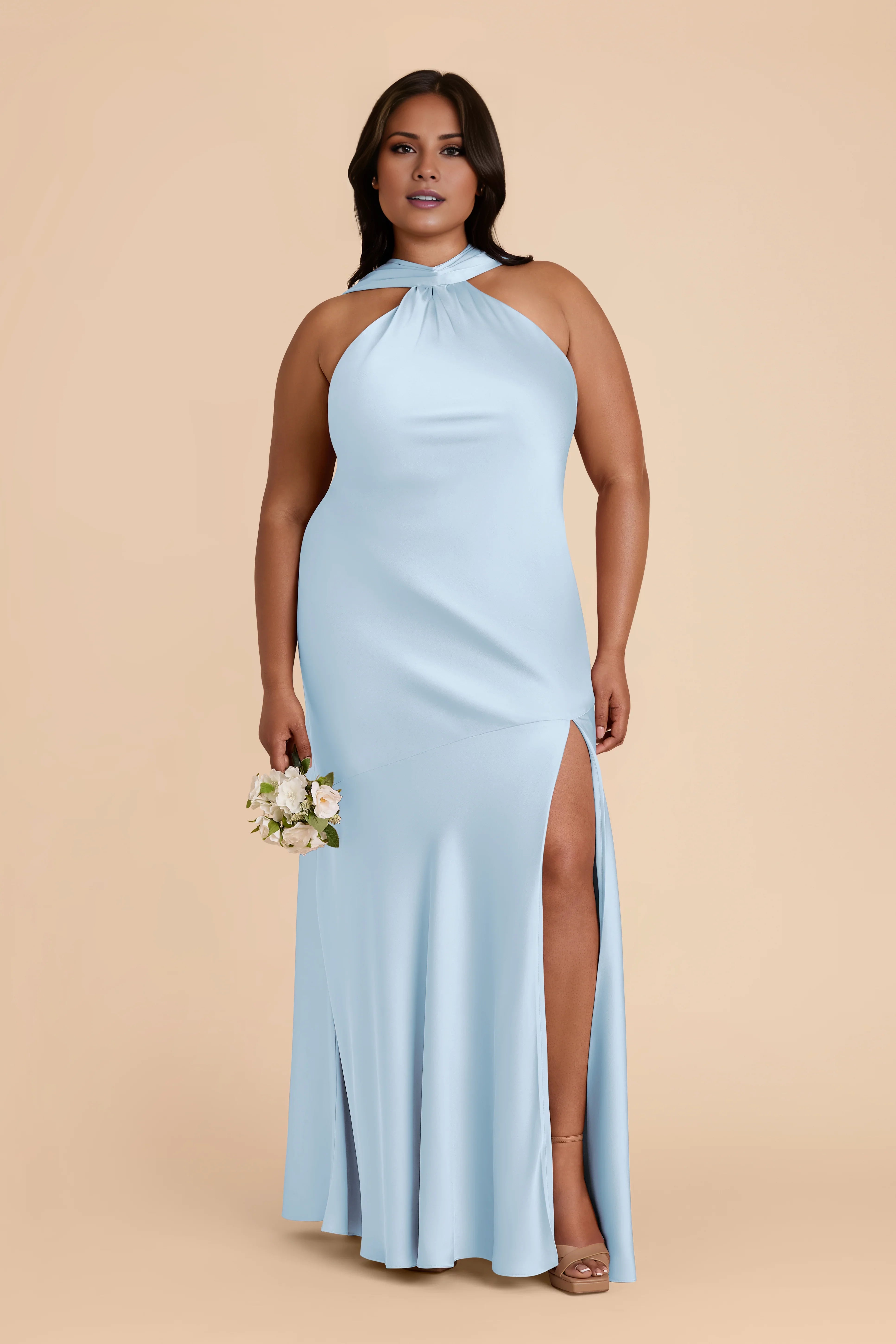 Elegant Sky Blue Satin Halter-Neck Sleeveless Back Zip Floor-Length Bridesmaid Dress