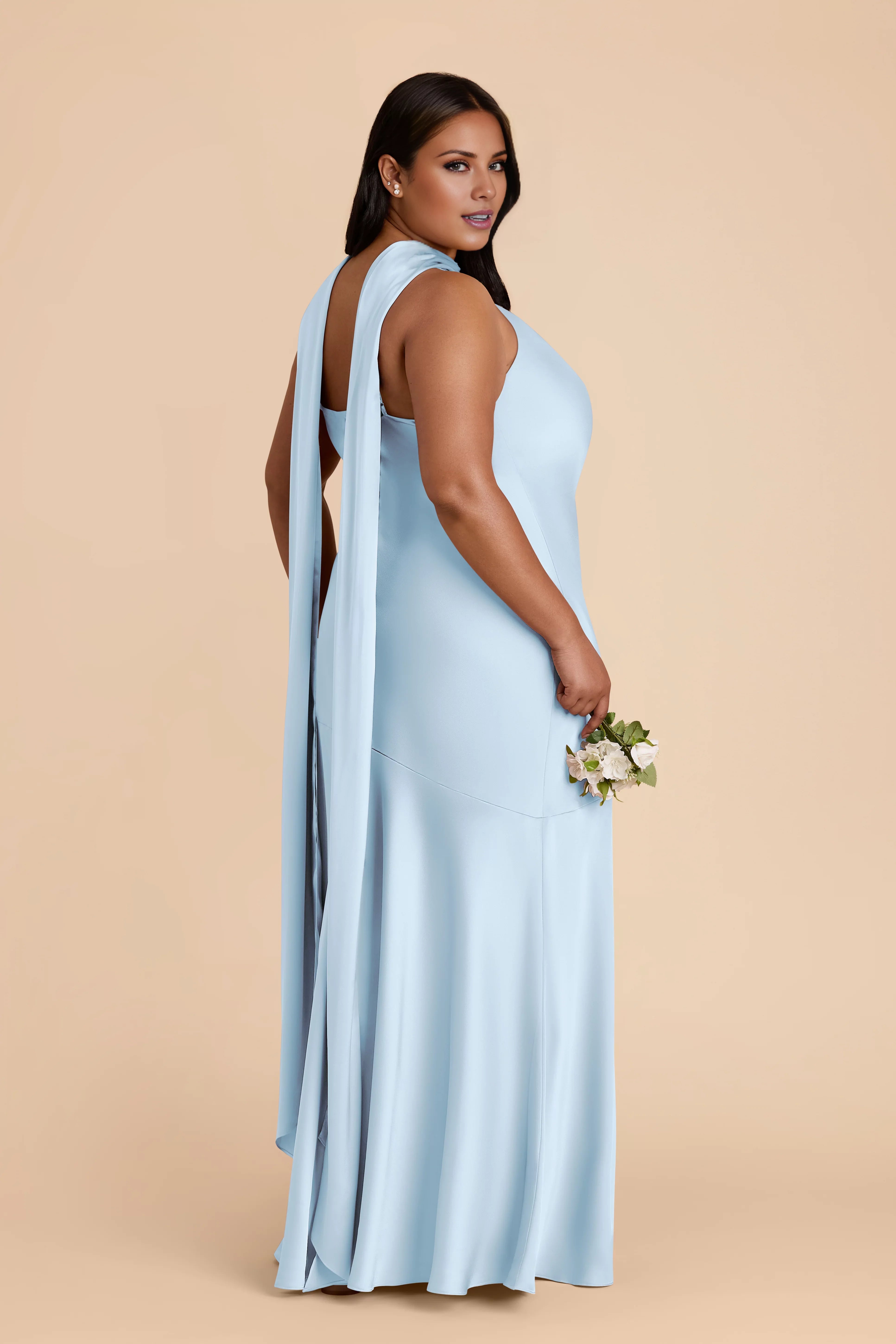Elegant Sky Blue Satin Halter-Neck Sleeveless Back Zip Floor-Length Bridesmaid Dress