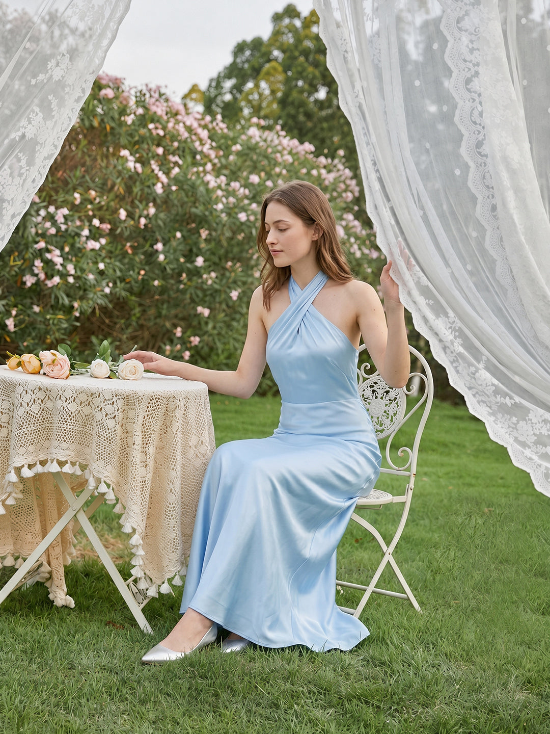 Elegant Sky Blue Satin Mermaid Halter Neckline Backless Ankle-Length Bridesmaid Dress