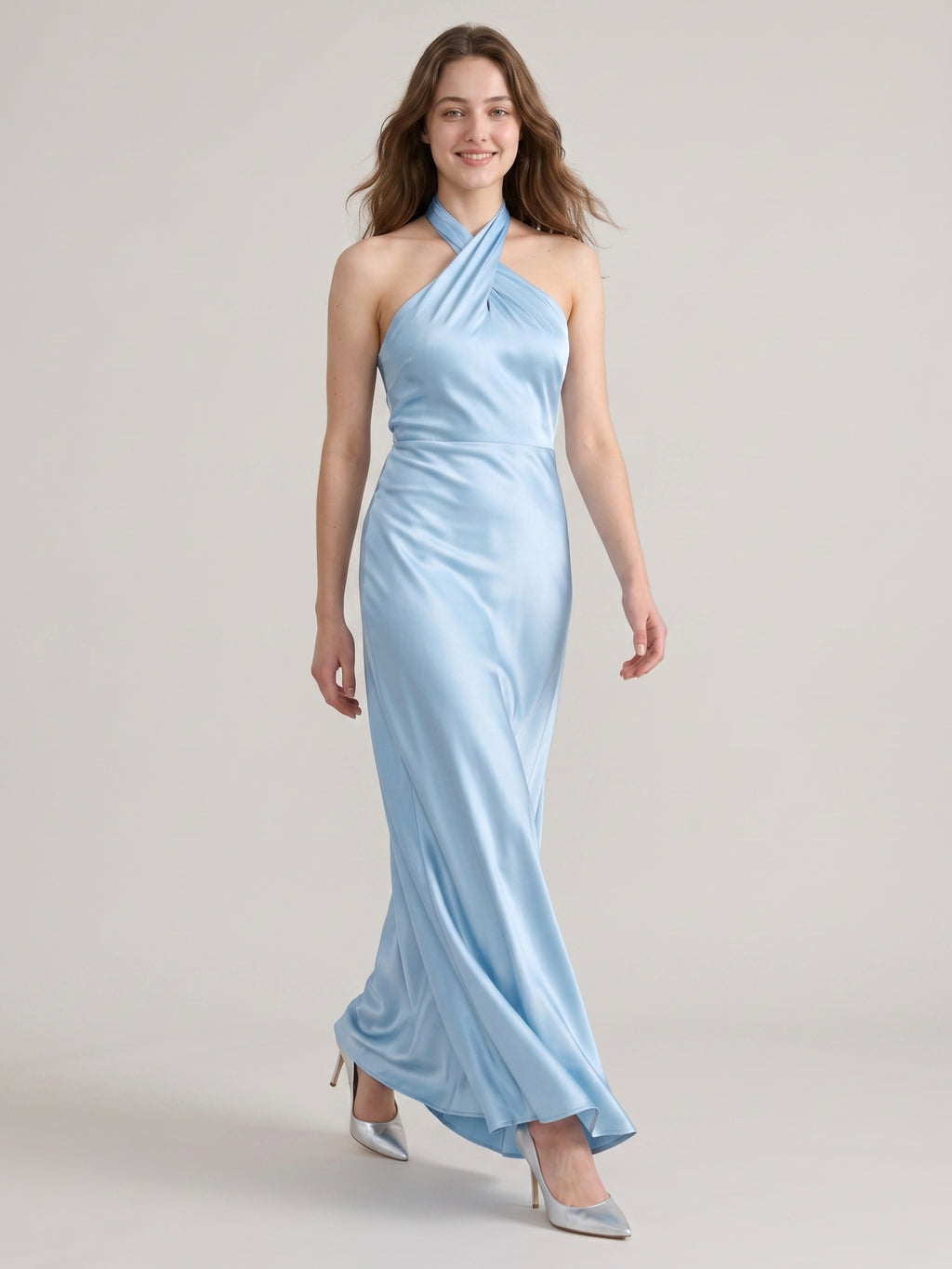 Elegant Sky Blue Satin Mermaid Halter Neckline Backless Ankle-Length Bridesmaid Dress