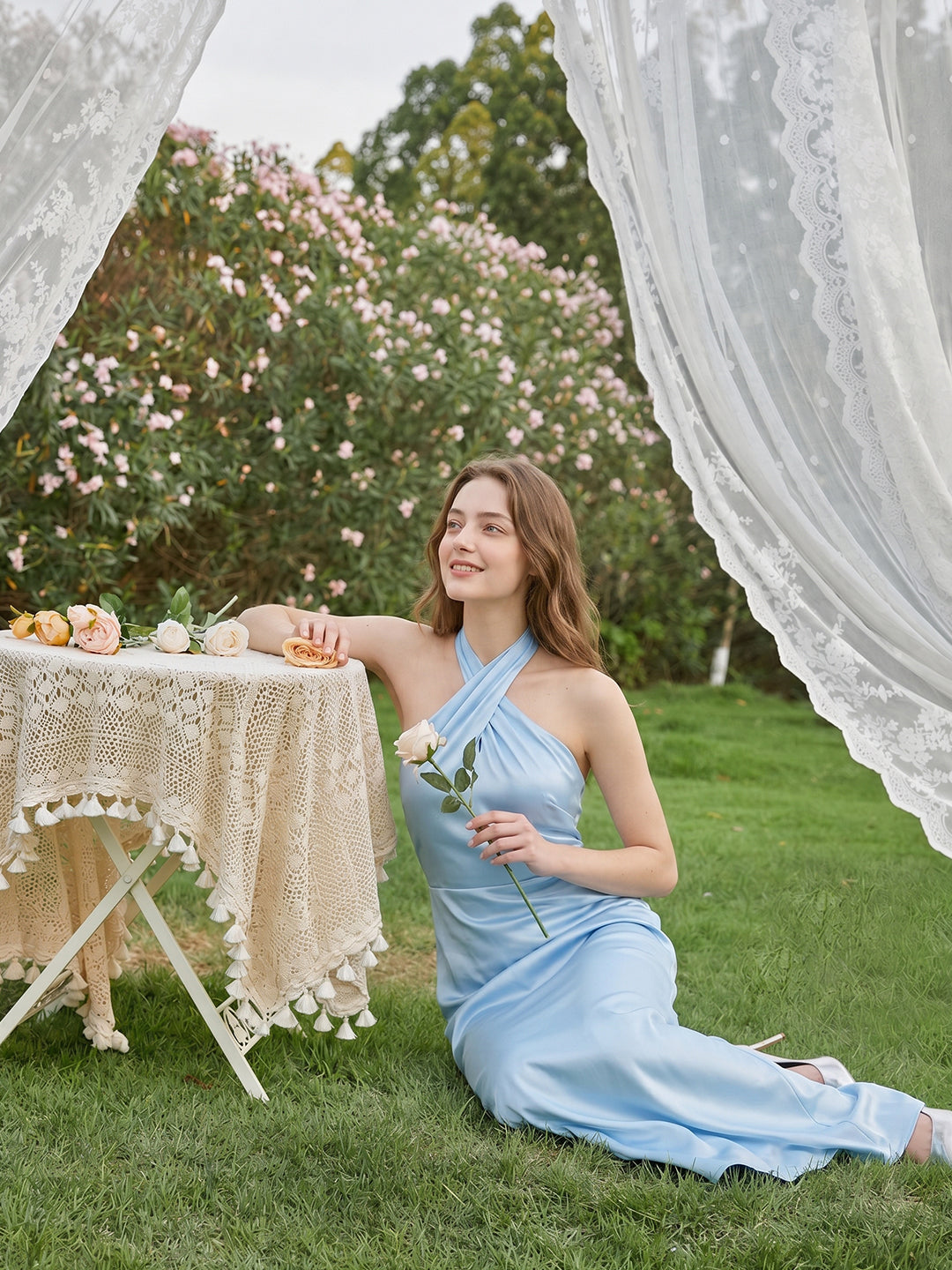 Elegant Sky Blue Satin Mermaid Halter Neckline Backless Ankle-Length Bridesmaid Dress