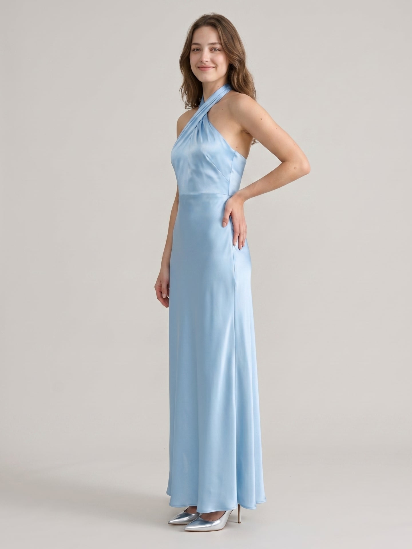 Elegant Sky Blue Satin Mermaid Halter Neckline Backless Ankle-Length Bridesmaid Dress