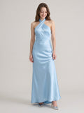 Elegant Sky Blue Satin Mermaid Halter Neckline Backless Ankle-Length Bridesmaid Dress