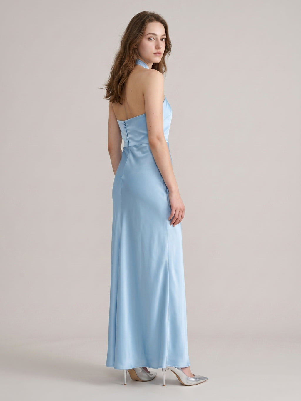 Elegant Sky Blue Satin Mermaid Halter Neckline Backless Ankle-Length Bridesmaid Dress