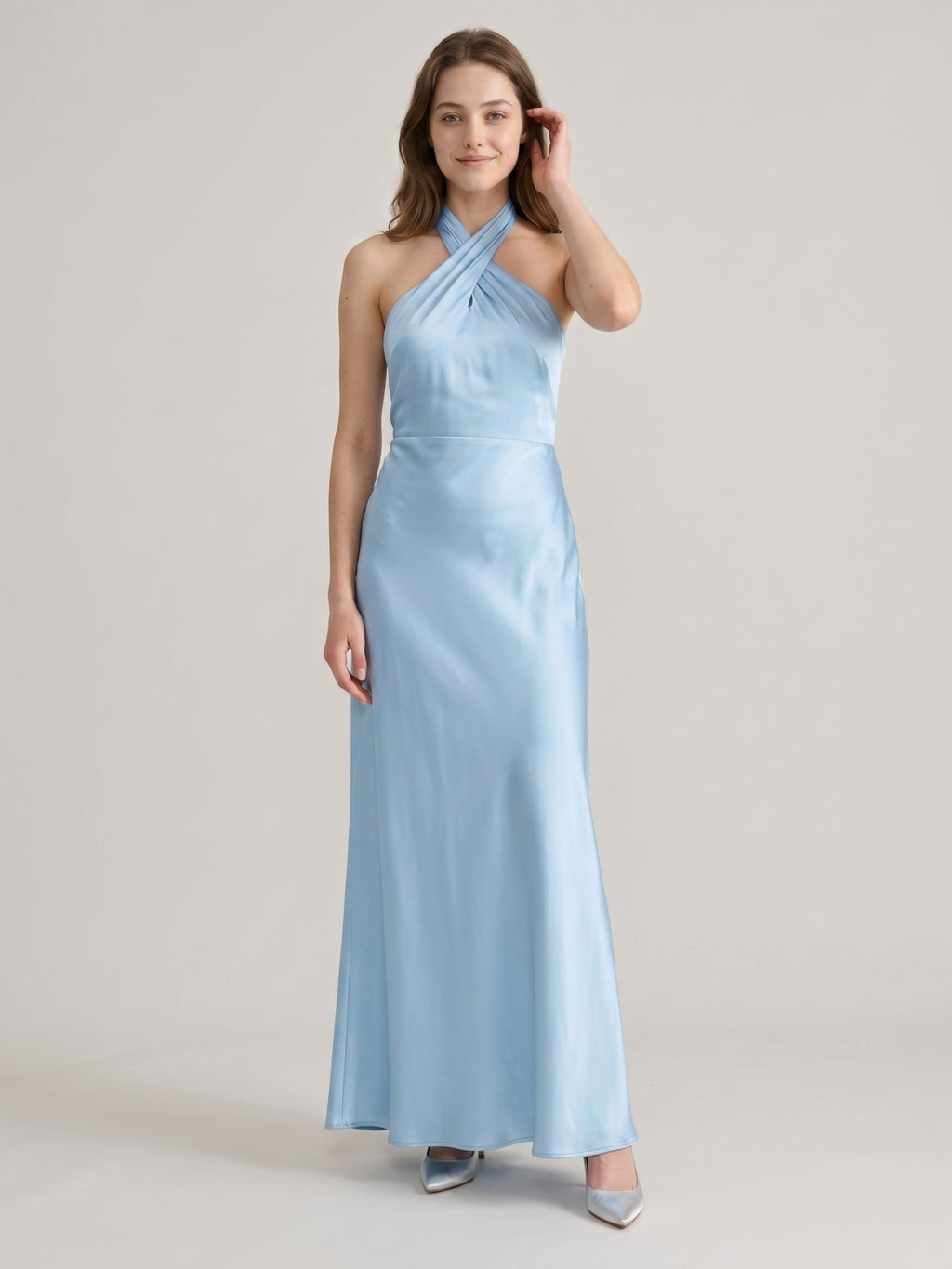 Elegant Sky Blue Satin Mermaid Halter Neckline Backless Ankle-Length Bridesmaid Dress