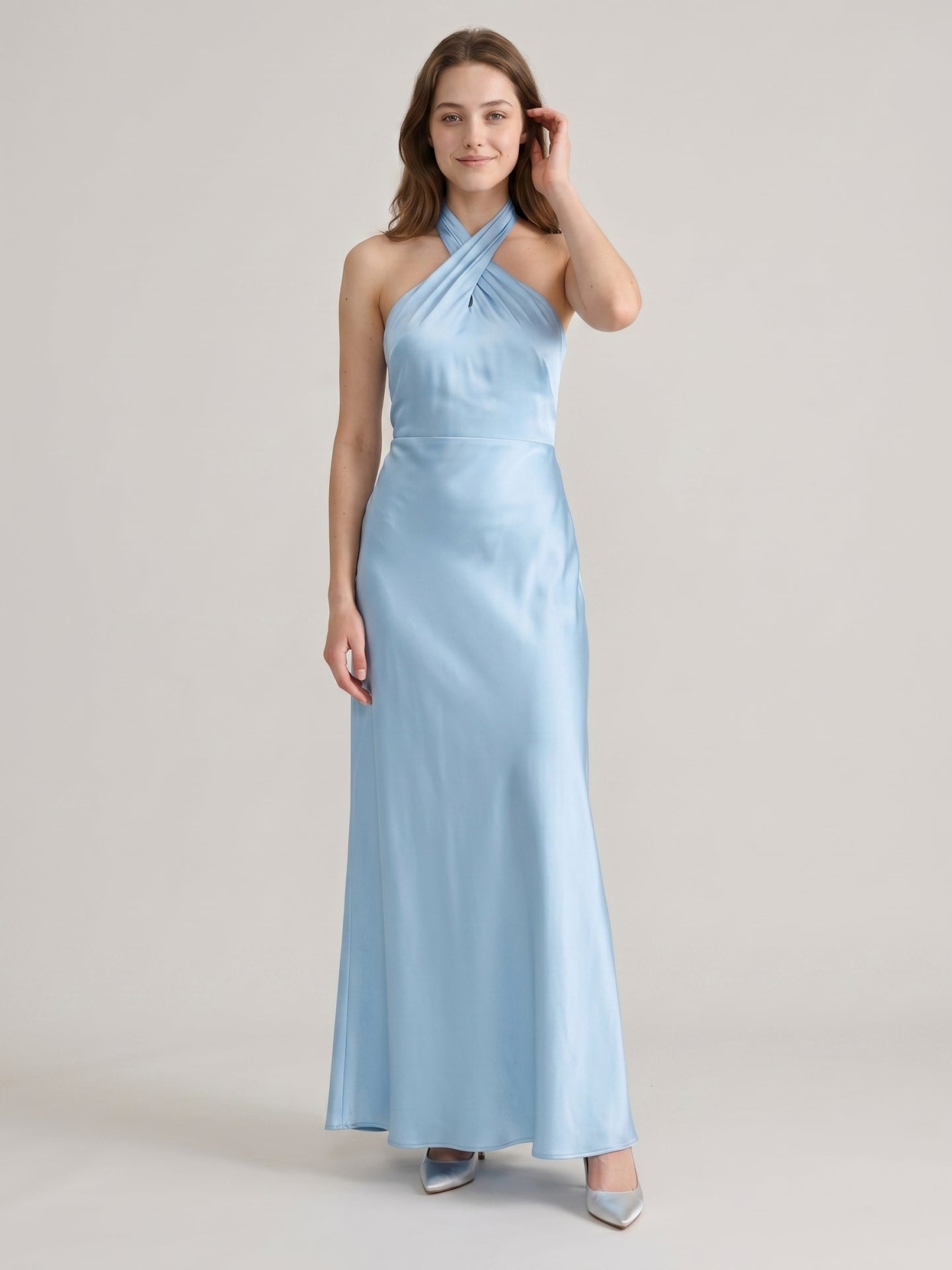 Elegant Sky Blue Satin Mermaid Halter Neckline Backless Ankle-Length Bridesmaid Dress