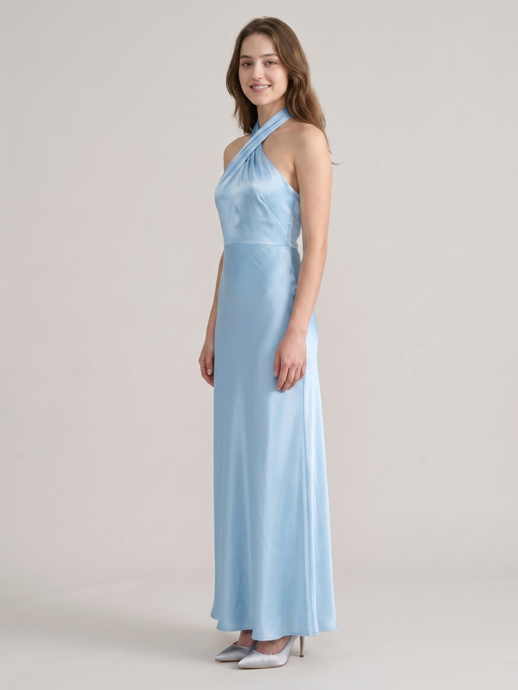 Elegant Sky Blue Satin Mermaid Halter Neckline Backless Ankle-Length Bridesmaid Dress