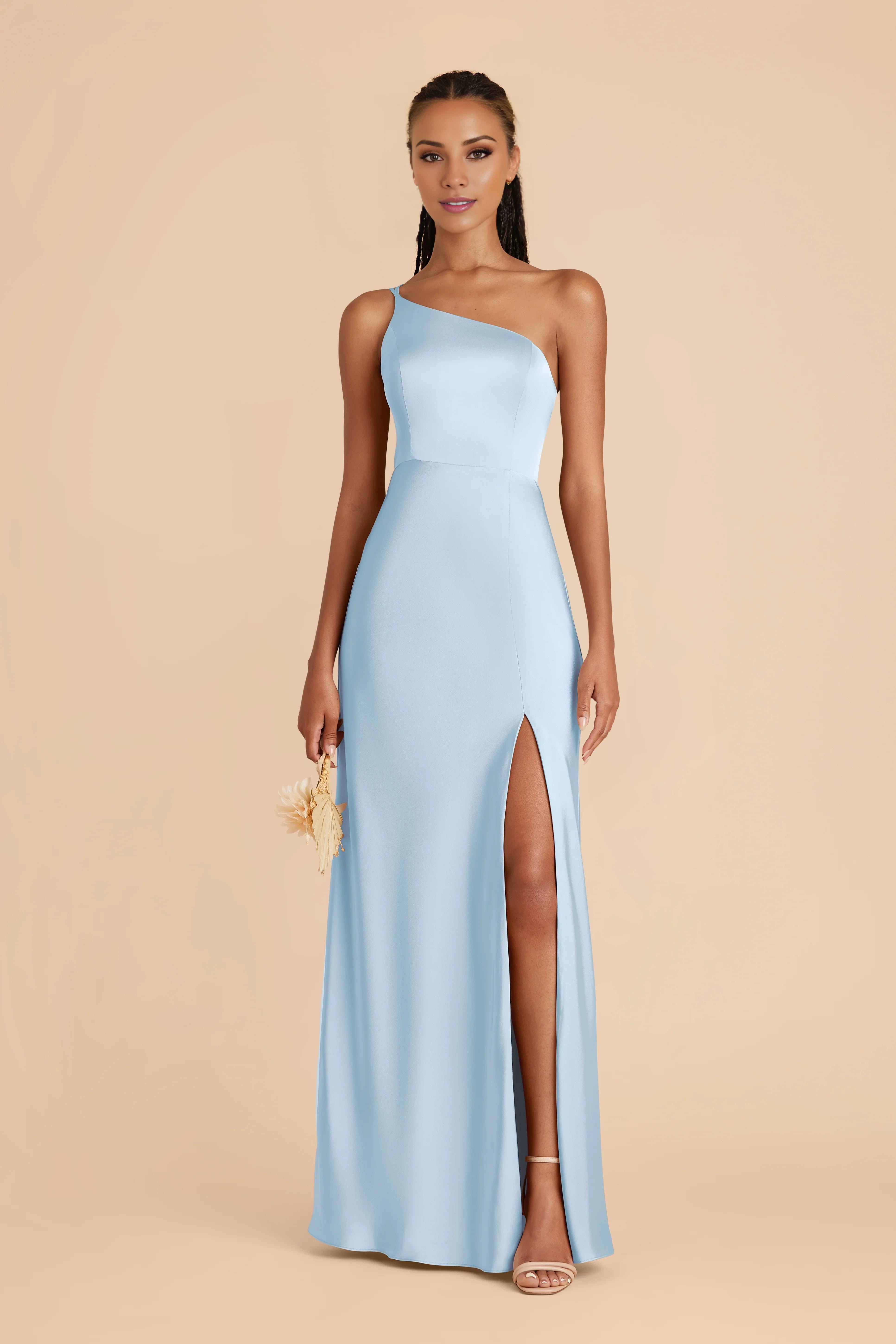 Elegant Sky Blue Satin One-Shoulder Maxi Bridesmaid Dress with Adjustable Strap & High Side Slit
