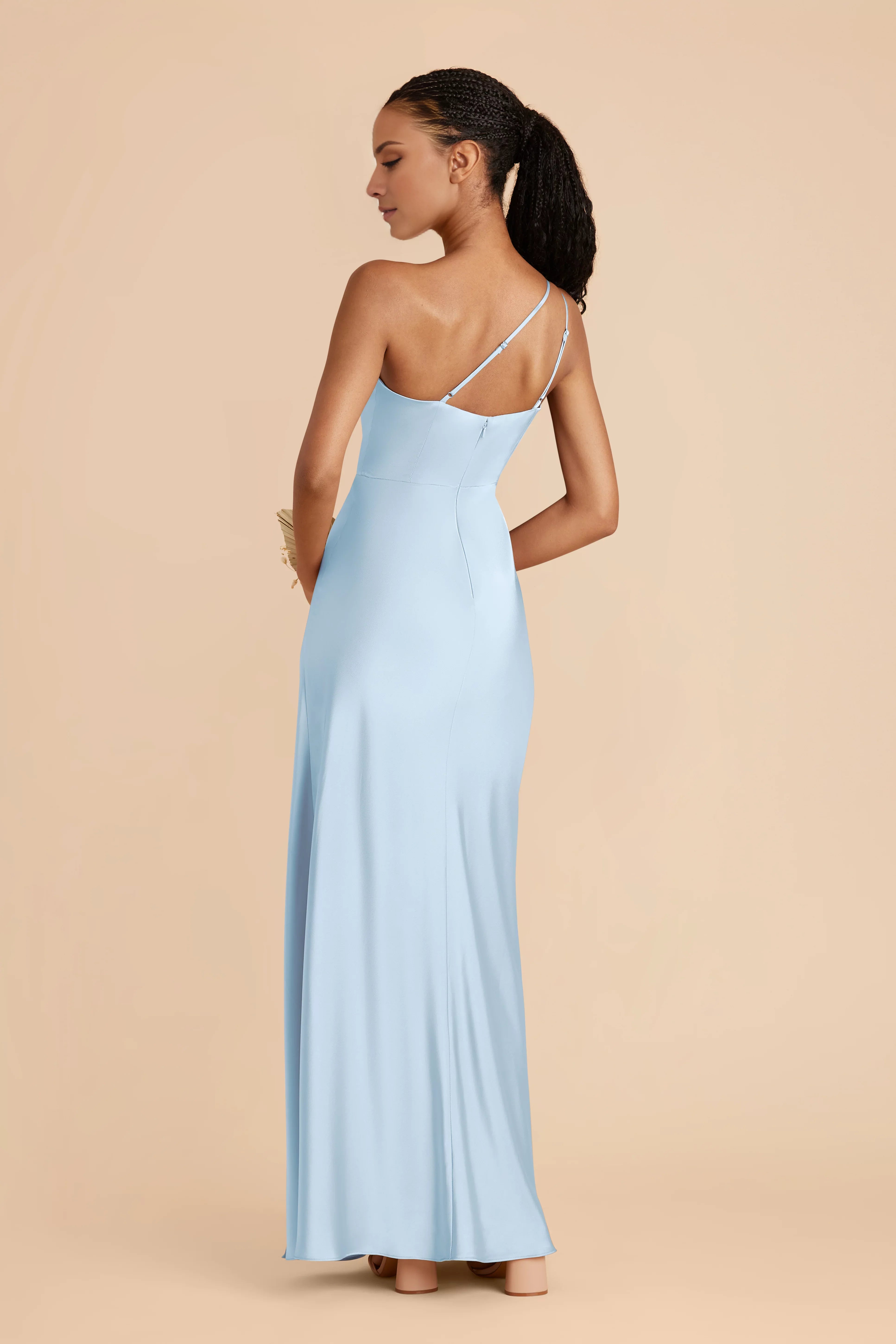 Elegant Sky Blue Satin One-Shoulder Maxi Bridesmaid Dress with Adjustable Strap & High Side Slit