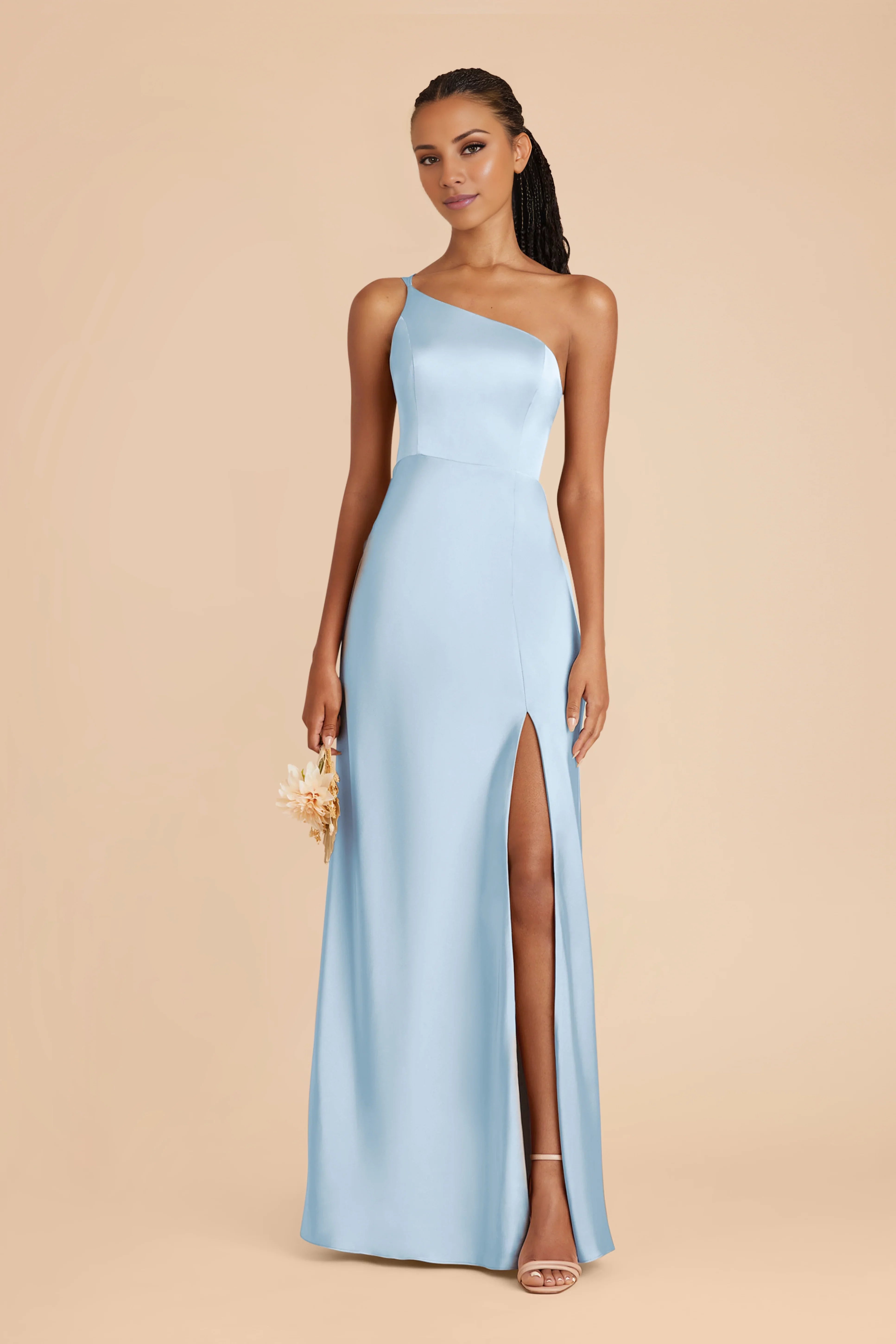 Elegant Sky Blue Satin One-Shoulder Maxi Bridesmaid Dress with Adjustable Strap & High Side Slit