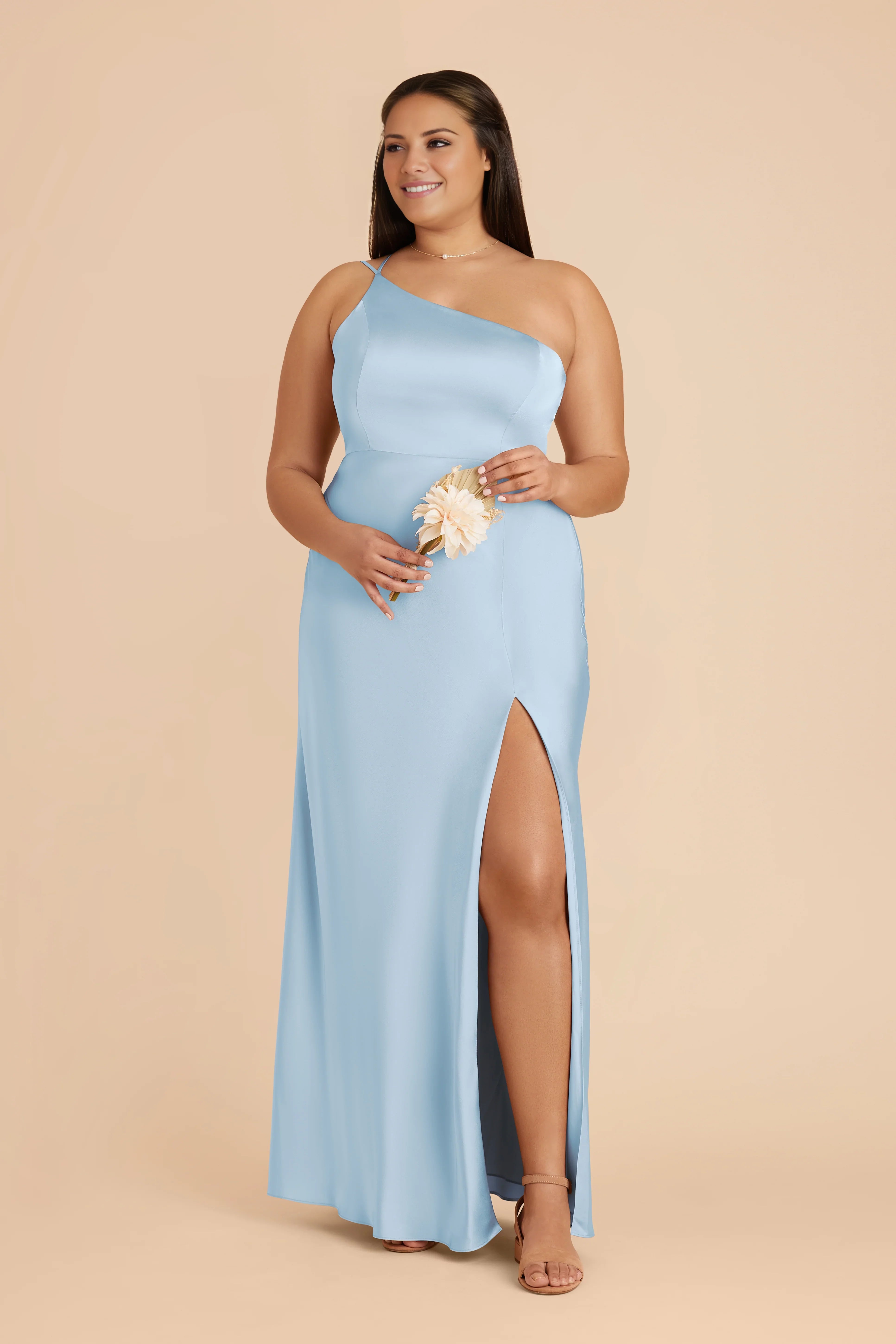 Elegant Sky Blue Satin One-Shoulder Maxi Bridesmaid Dress with Adjustable Strap & High Side Slit
