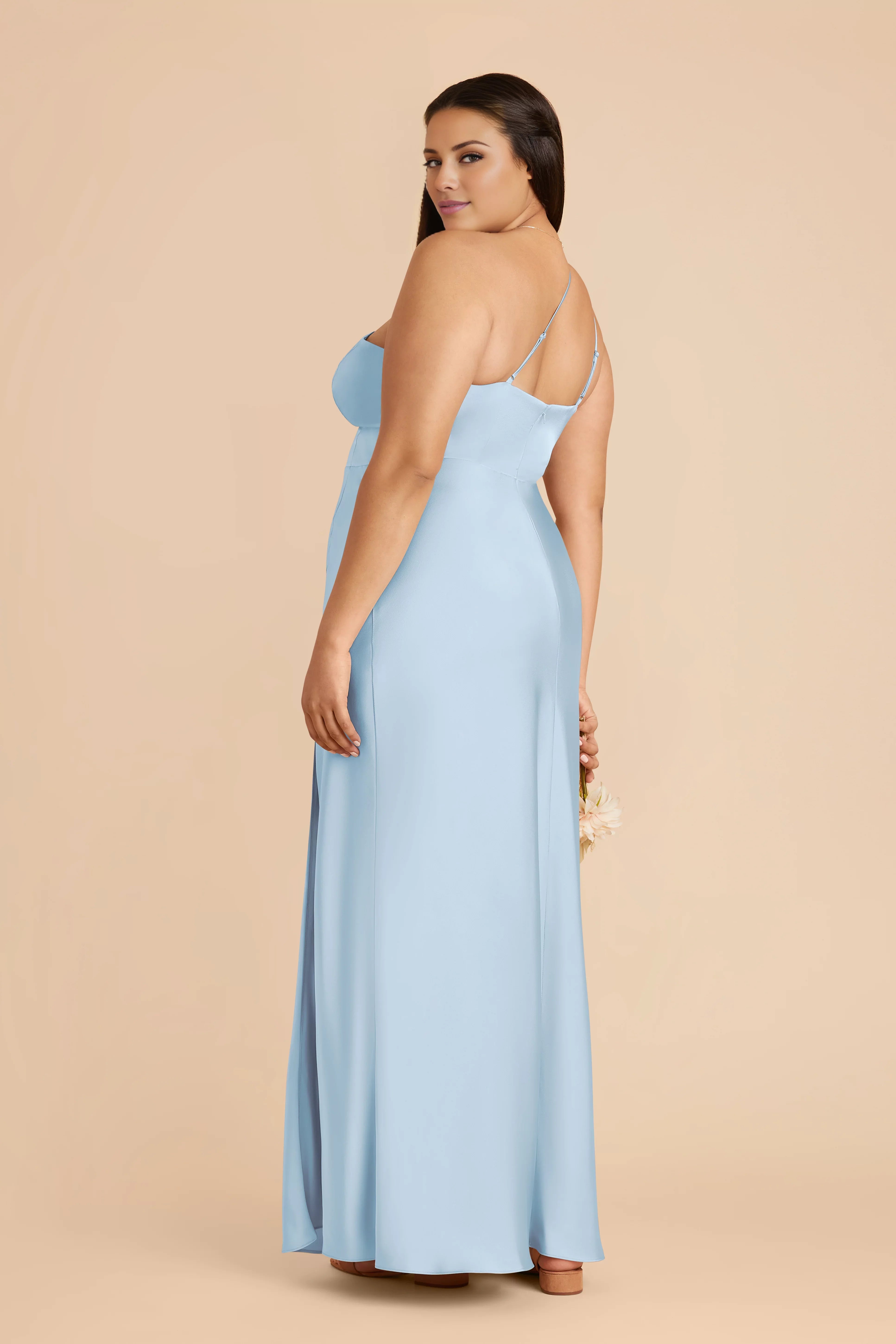 Elegant Sky Blue Satin One-Shoulder Maxi Bridesmaid Dress with Adjustable Strap & High Side Slit