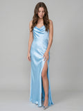 Elegant Sky Blue Satin Sheath Cowl Neck Backless Ankle-Length Bridesmaid Dress