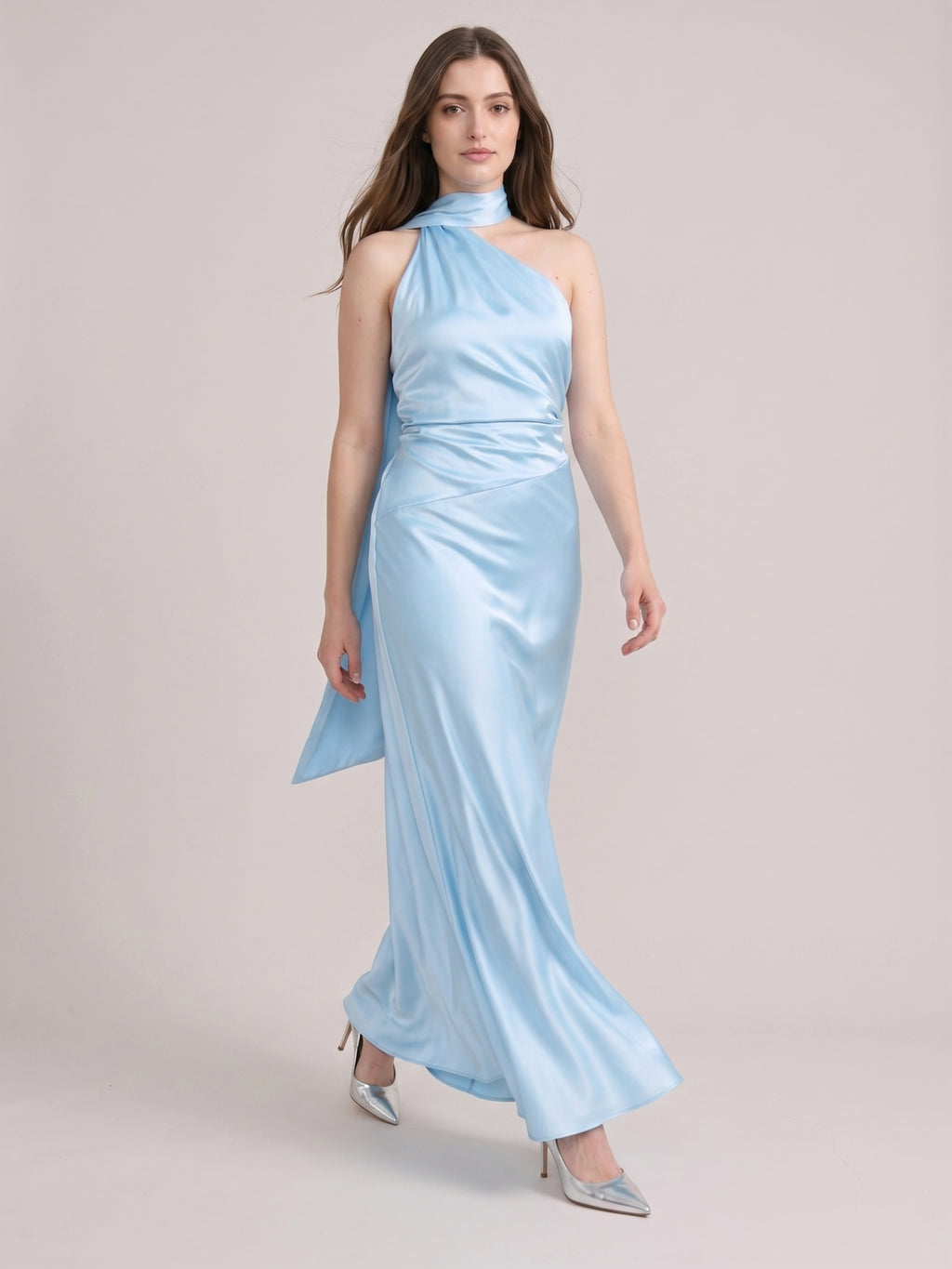 Elegant Sky Blue Satin Sheath One Shoulder Backless Ankle-Length Bridesmaid Dress