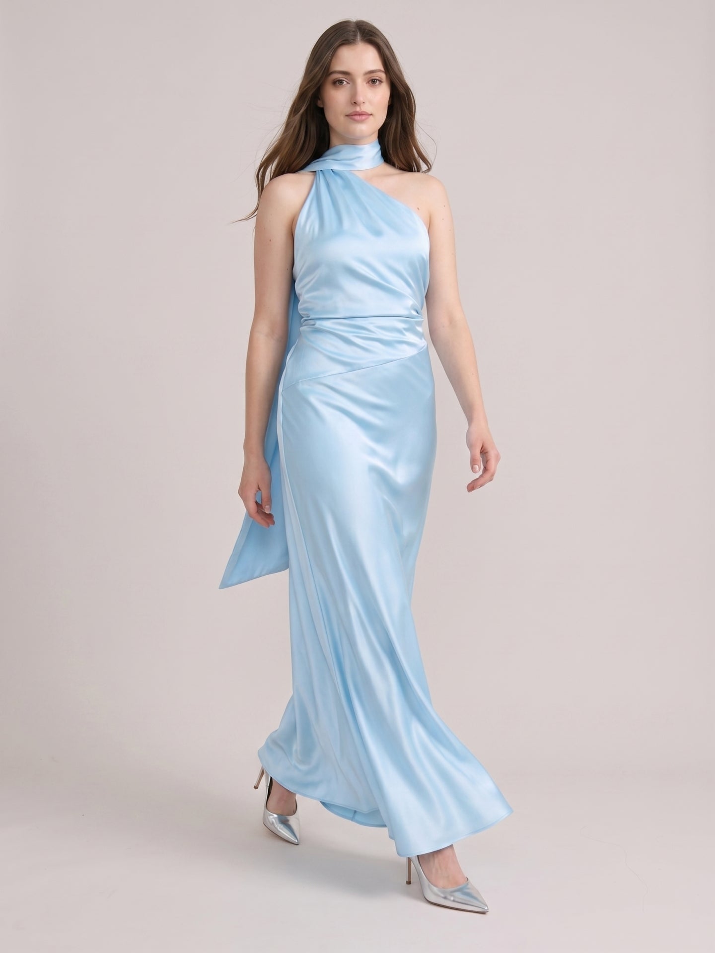 Elegant Sky Blue Satin Sheath One Shoulder Backless Ankle-Length Bridesmaid Dress