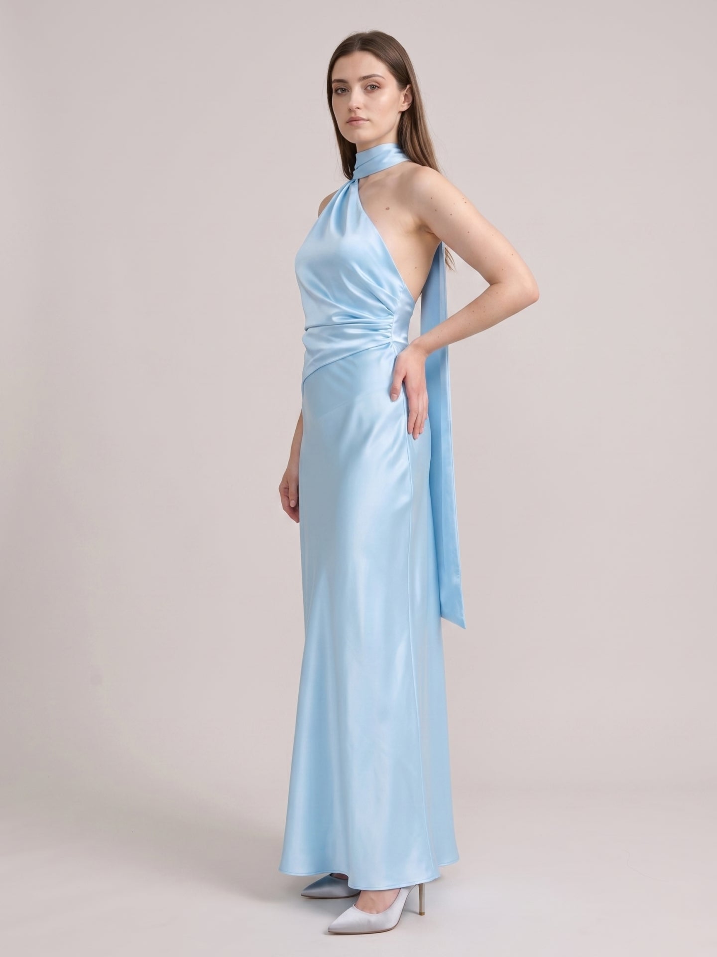Elegant Sky Blue Satin Sheath One Shoulder Backless Ankle-Length Bridesmaid Dress