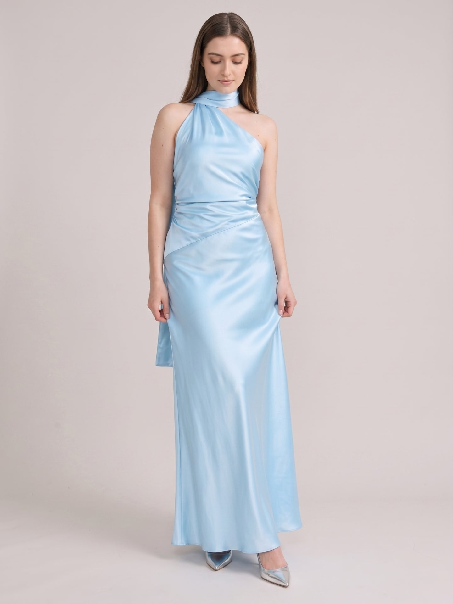 Elegant Sky Blue Satin Sheath One Shoulder Backless Ankle-Length Bridesmaid Dress