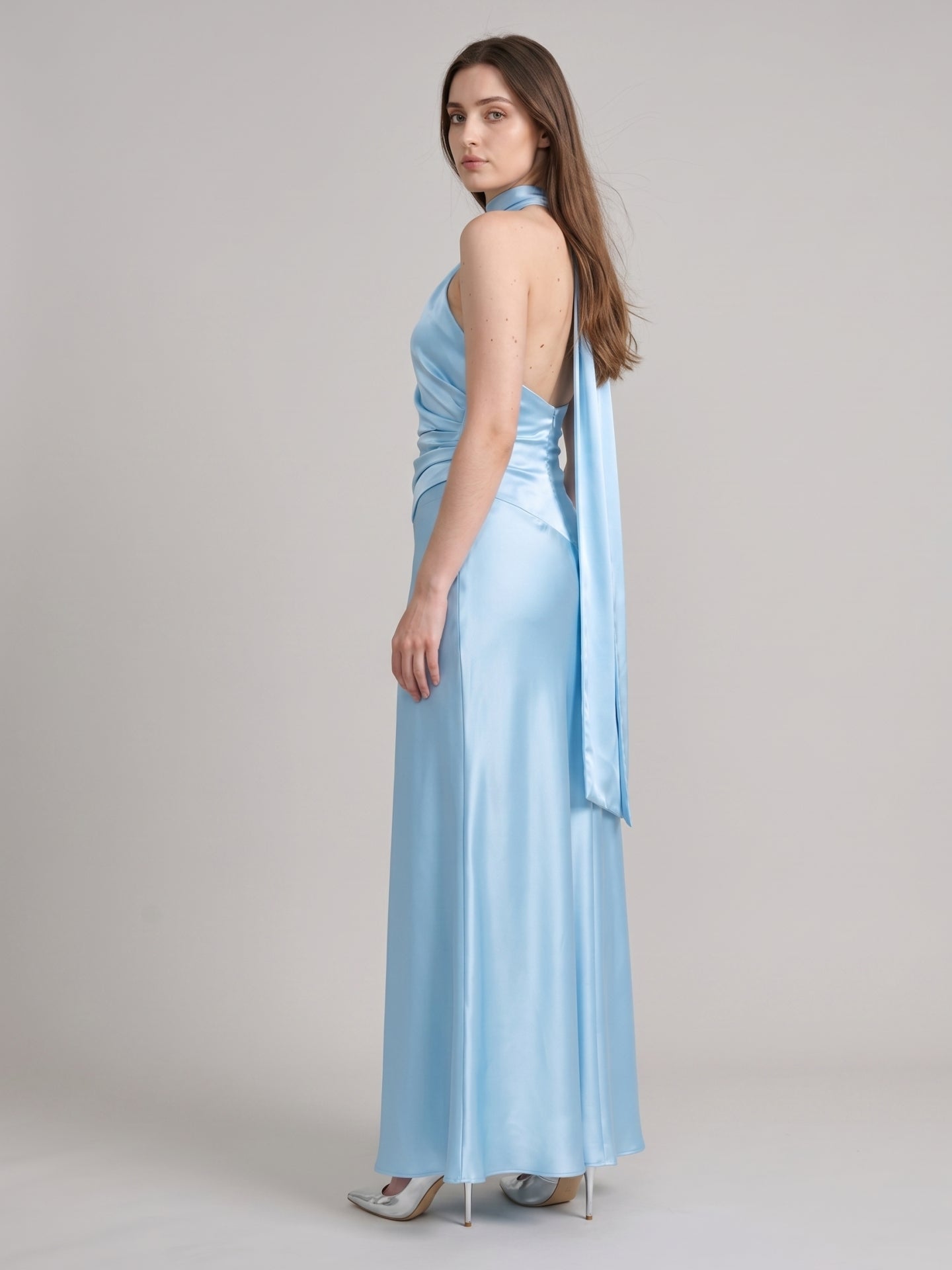 Elegant Sky Blue Satin Sheath One Shoulder Backless Ankle-Length Bridesmaid Dress