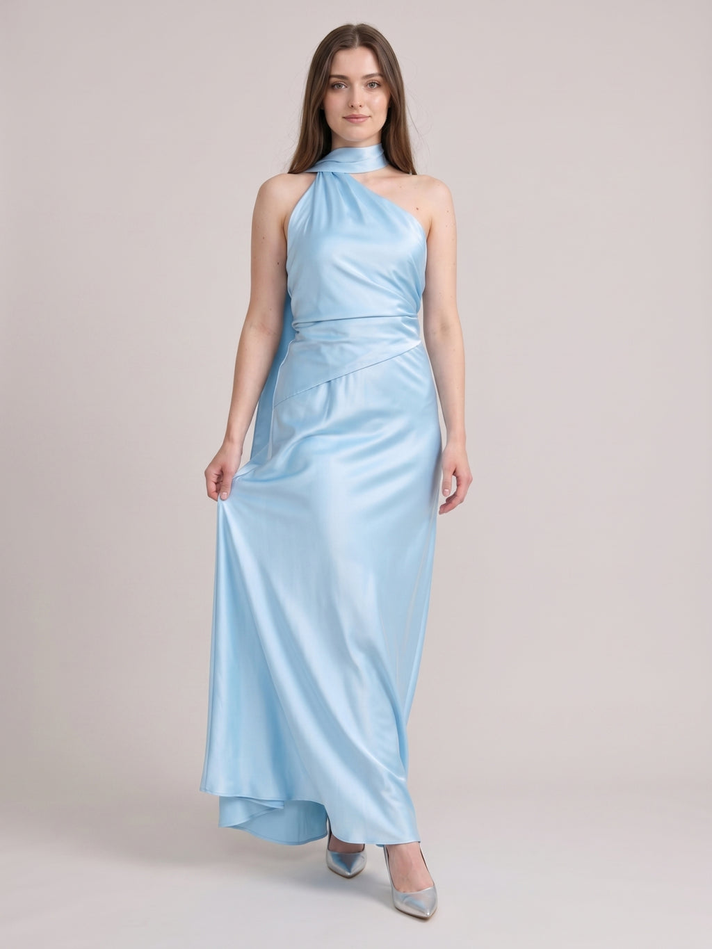 Elegant Sky Blue Satin Sheath One Shoulder Backless Ankle-Length Bridesmaid Dress