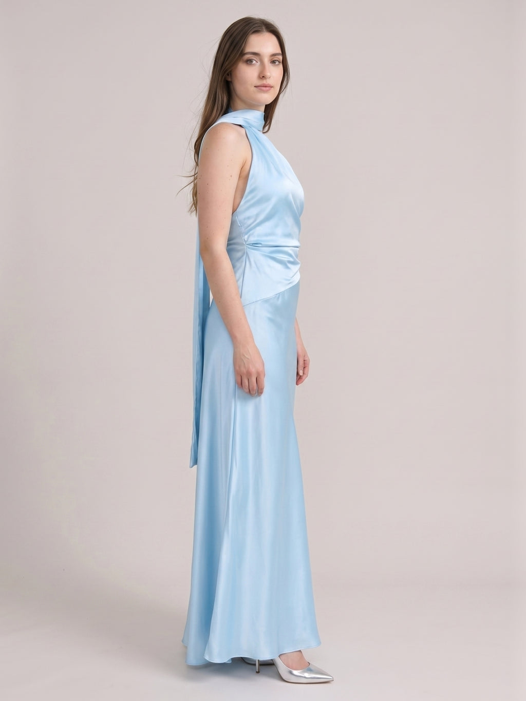 Elegant Sky Blue Satin Sheath One Shoulder Backless Ankle-Length Bridesmaid Dress