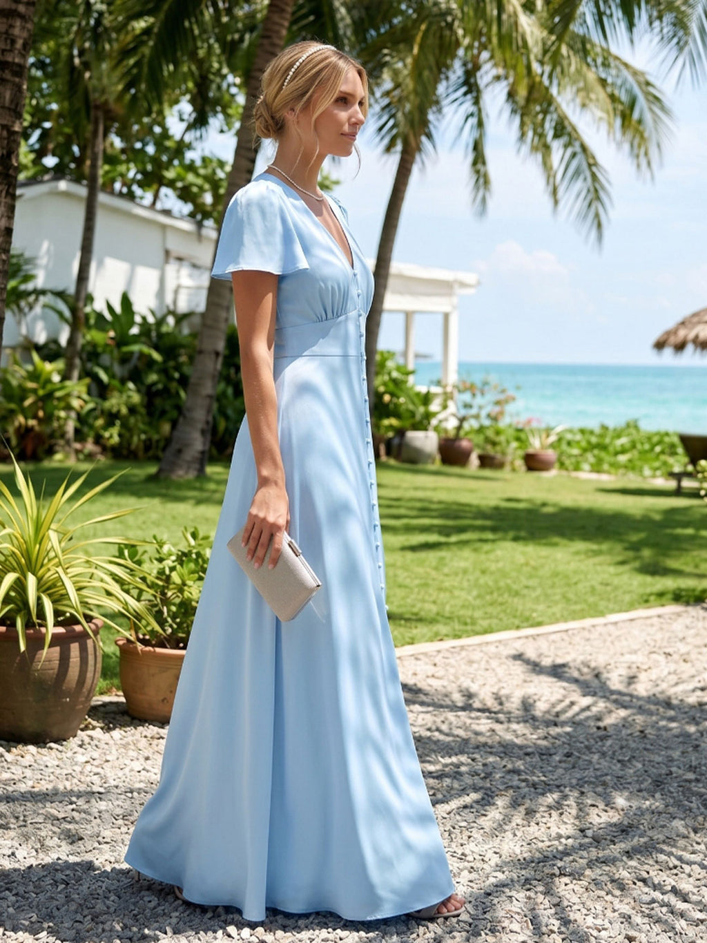Elegant Sky Blue Satin Sheath V-Neck Lace-up Ankle-Length Bridesmaid Dress