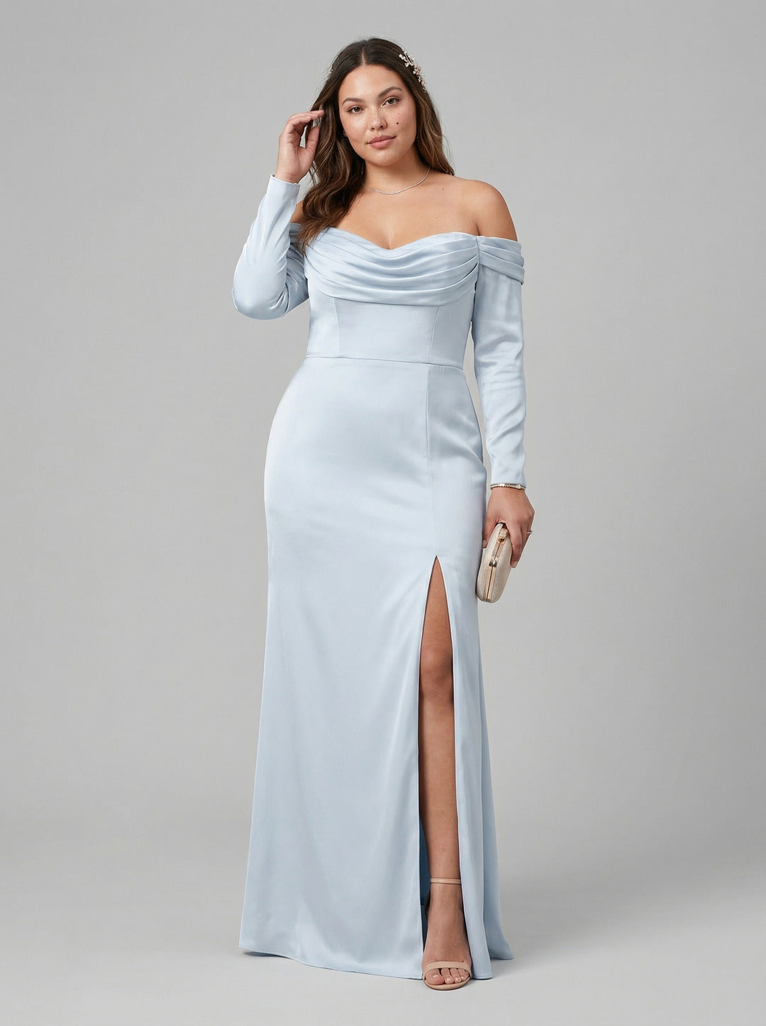 Elegant Sky Blue Satin column Off-the-Shoulder Back Zip Ankle-Length Plus Size Bridesmaid Dress