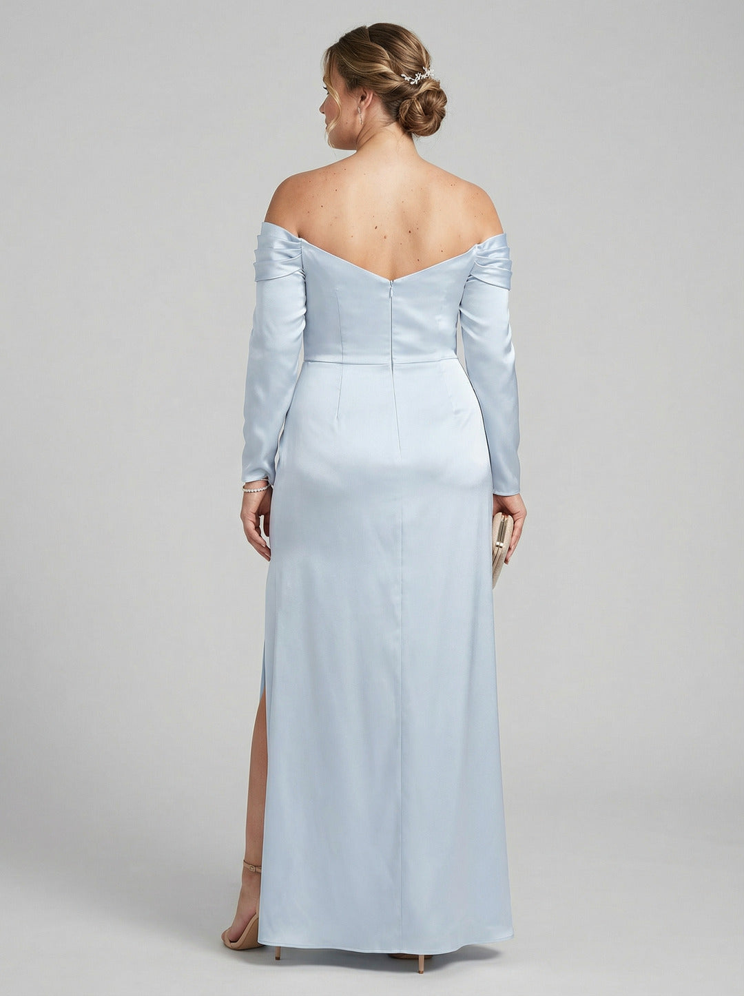 Elegant Sky Blue Satin column Off-the-Shoulder Back Zip Ankle-Length Plus Size Bridesmaid Dress
