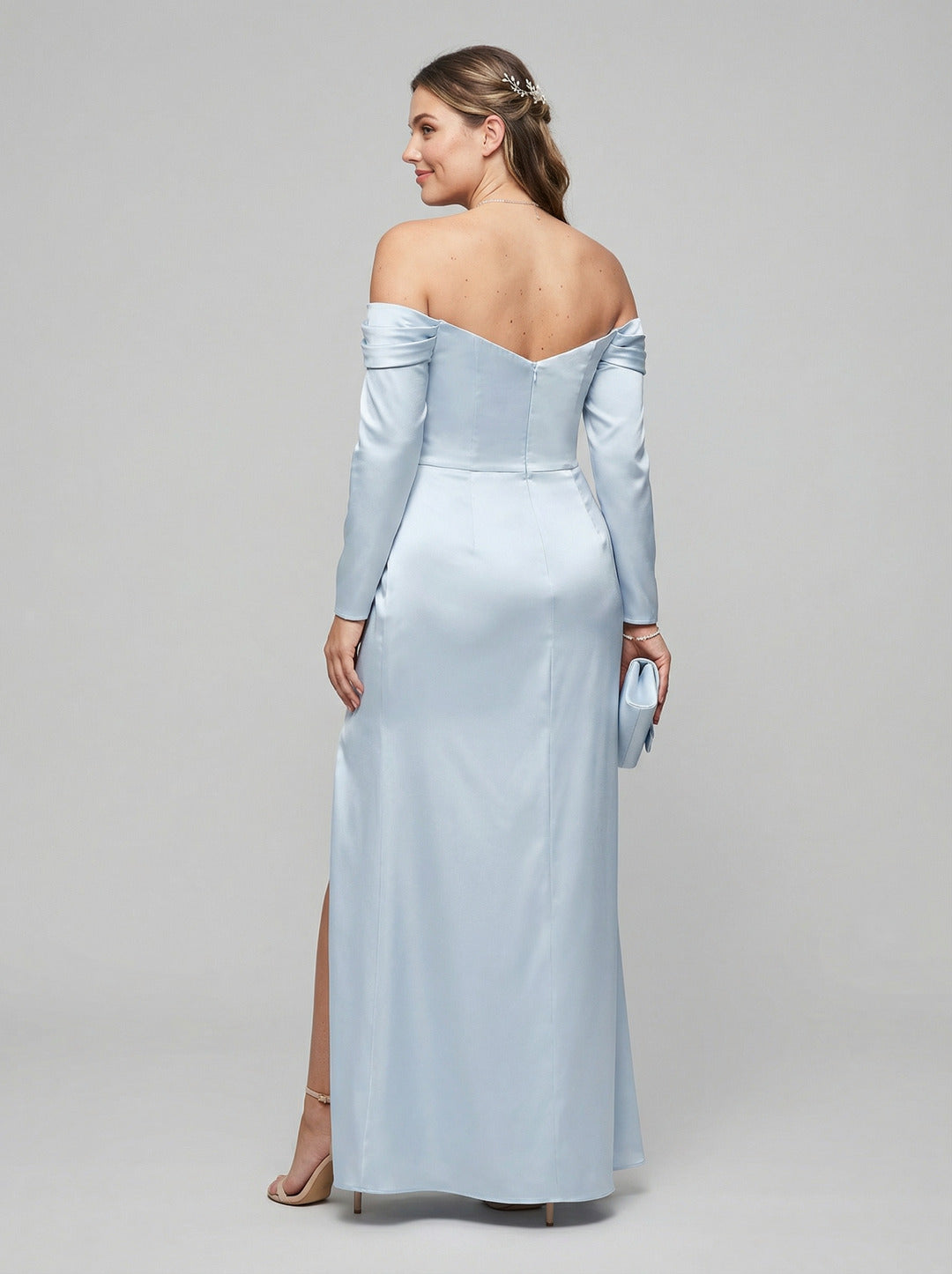 Elegant Sky Blue Satin column Off-the-Shoulder Back Zip Ankle-Length Plus Size Bridesmaid Dress