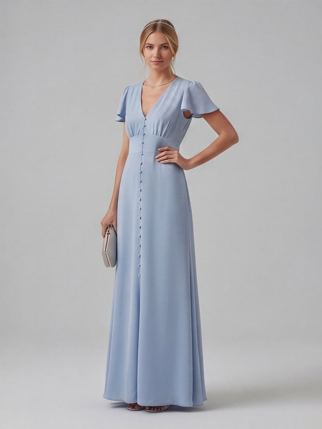 Elegant Sky Blue Satin Sheath V-Neck Lace-up Ankle-Length Bridesmaid Dress