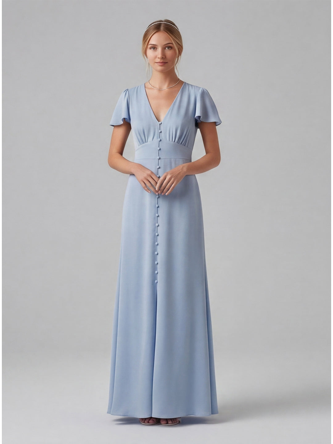 Elegant Sky Blue Satin Sheath V-Neck Lace-up Ankle-Length Bridesmaid Dress