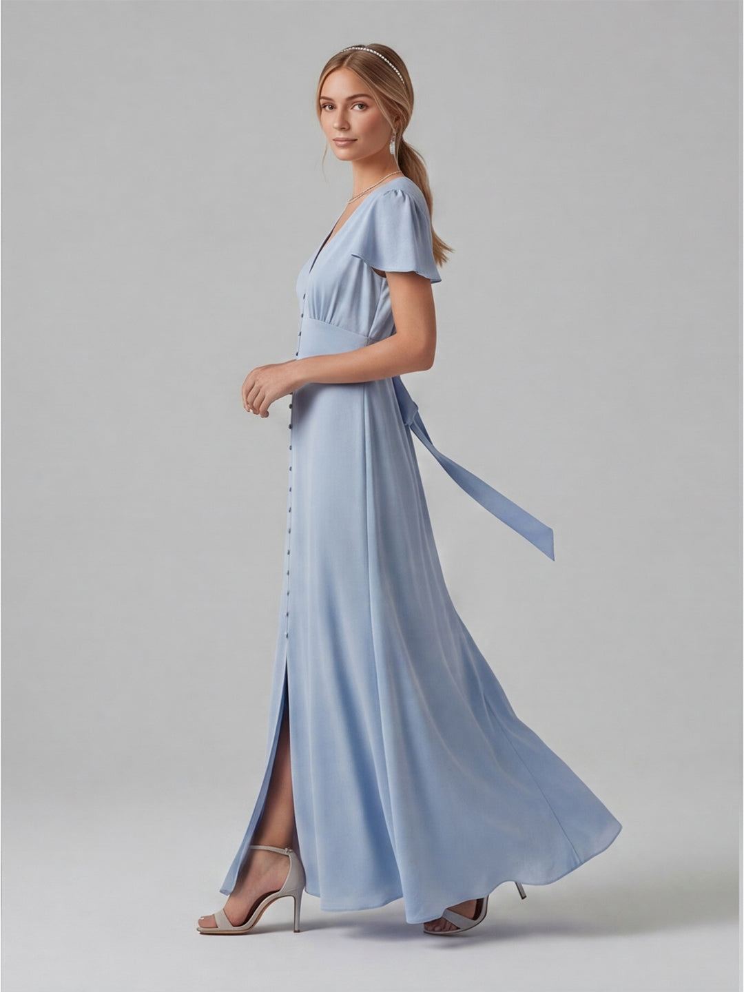 Elegant Sky Blue Satin Sheath V-Neck Lace-up Ankle-Length Bridesmaid Dress