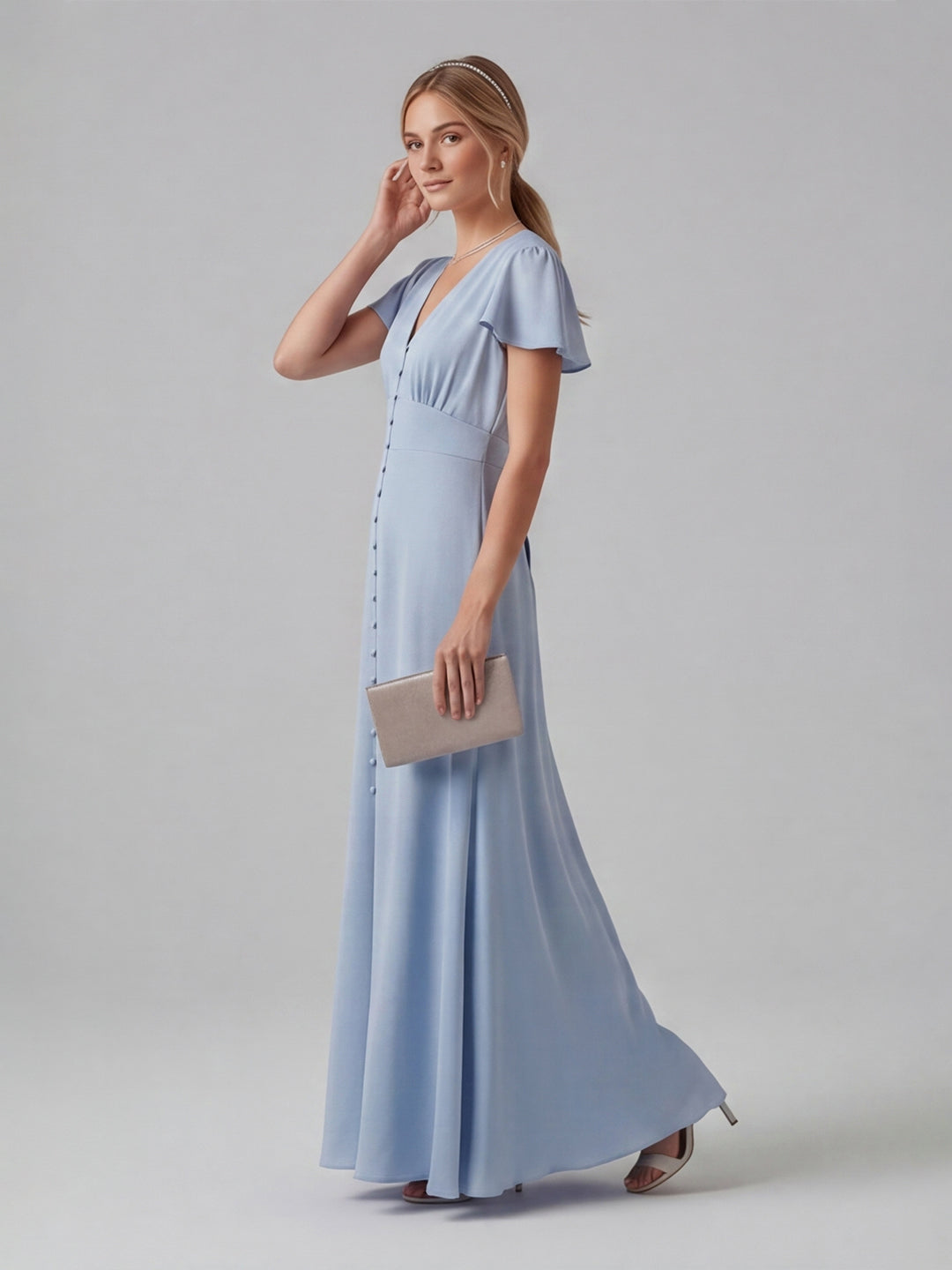 Elegant Sky Blue Satin Sheath V-Neck Lace-up Ankle-Length Bridesmaid Dress
