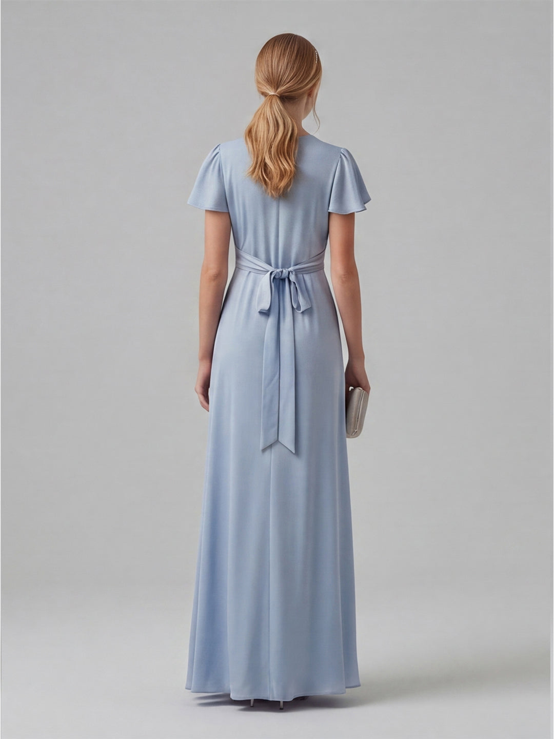 Elegant Sky Blue Satin Sheath V-Neck Lace-up Ankle-Length Bridesmaid Dress