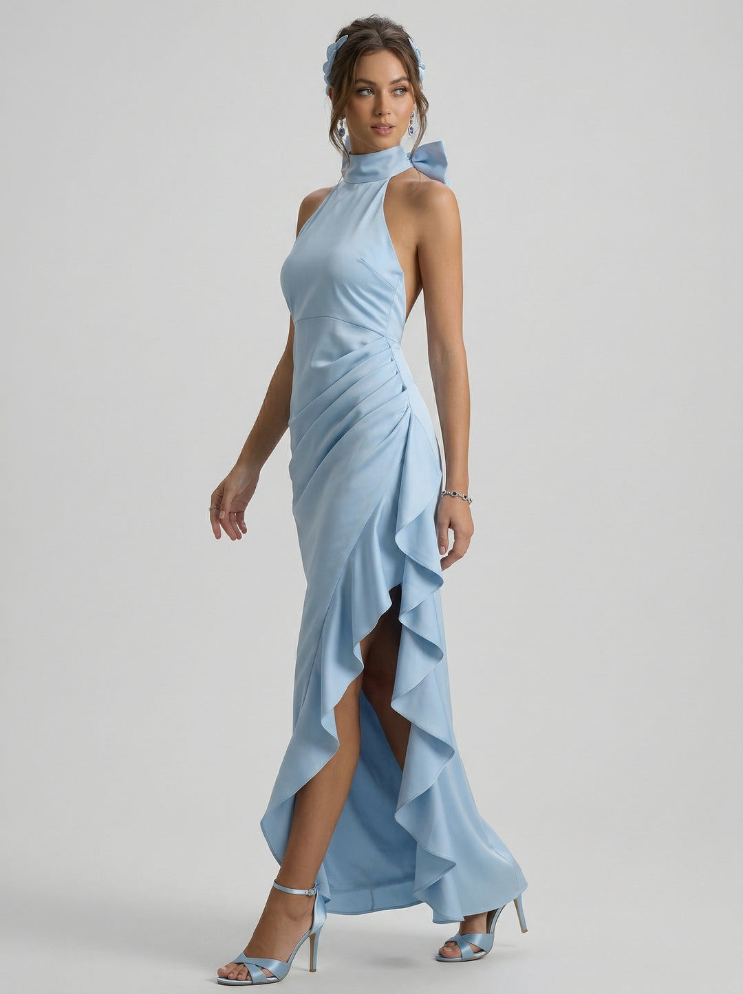 Elegant Sky Blue Satin column Halter neckline Back Zip with Bow Ankle-Length Bridesmaid Dress