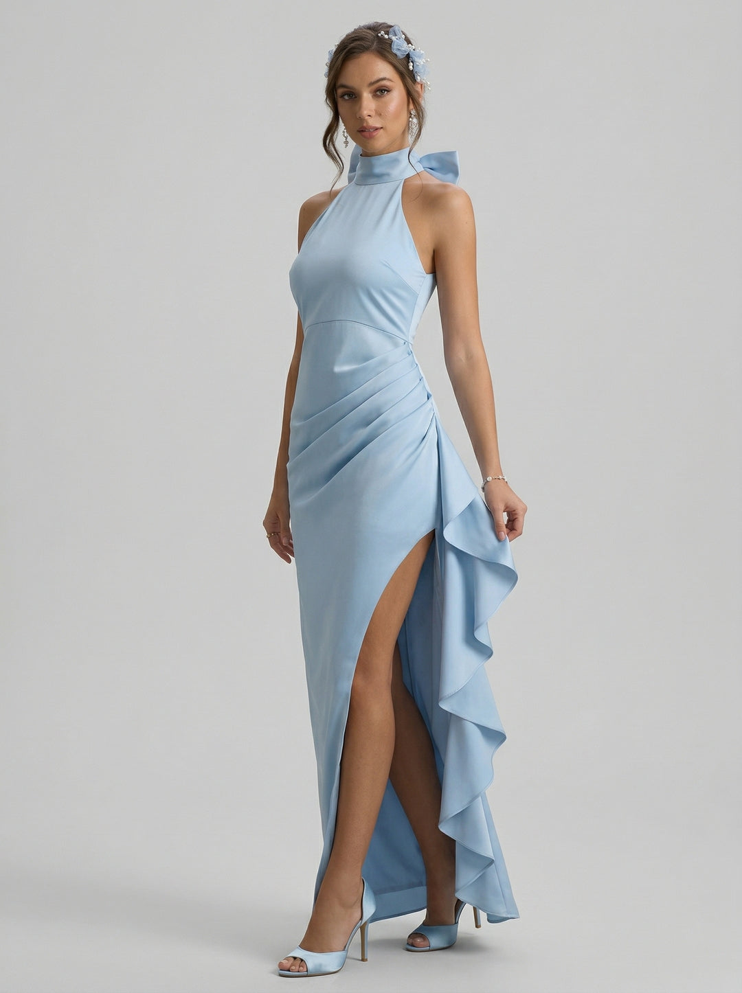 Elegant Sky Blue Satin column Halter neckline Back Zip with Bow Ankle-Length Bridesmaid Dress
