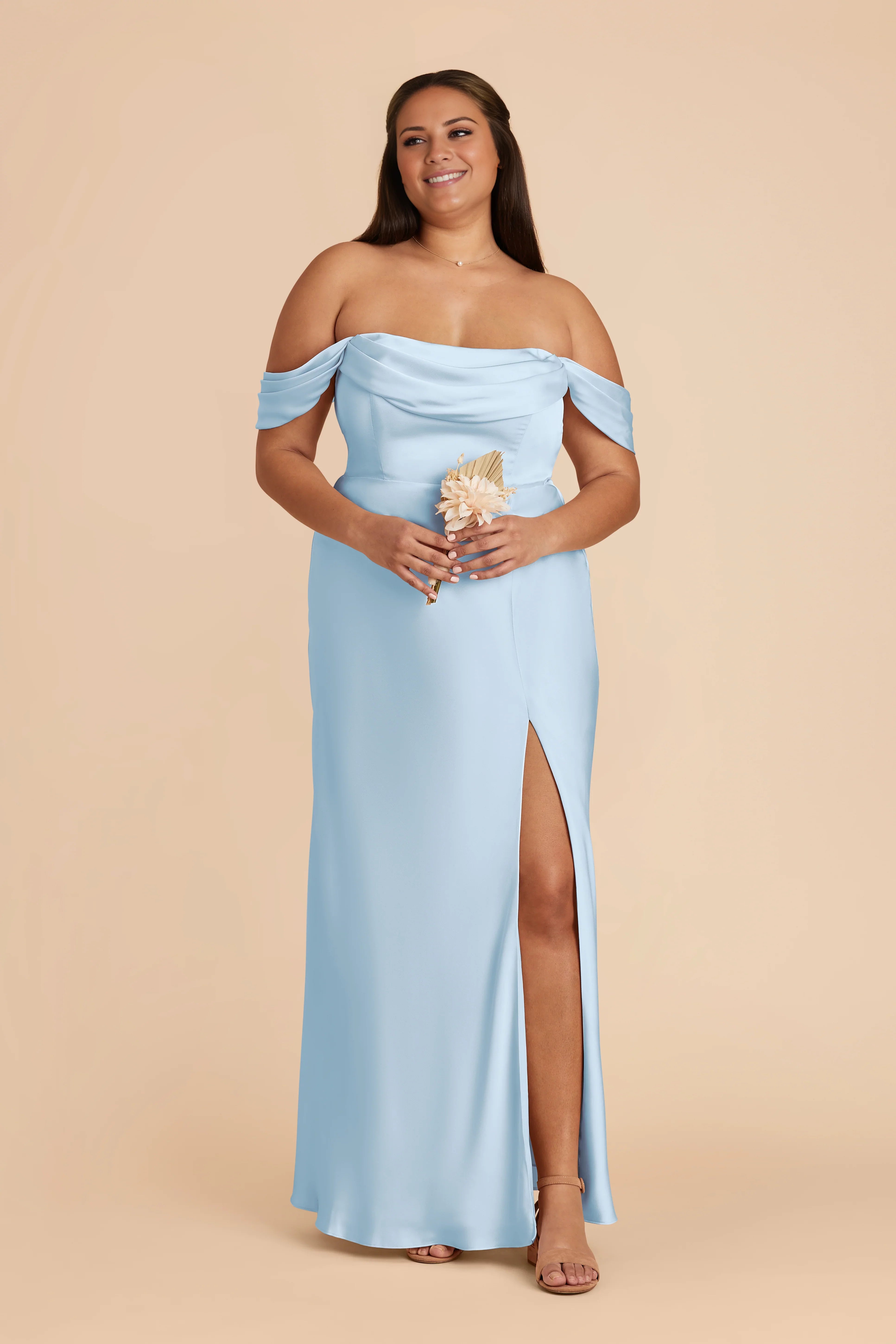 Elegant Sky Blue Sleeveless Satin Off-the-Shoulder Side Slit Floor-Length Bridesmaid Dress
