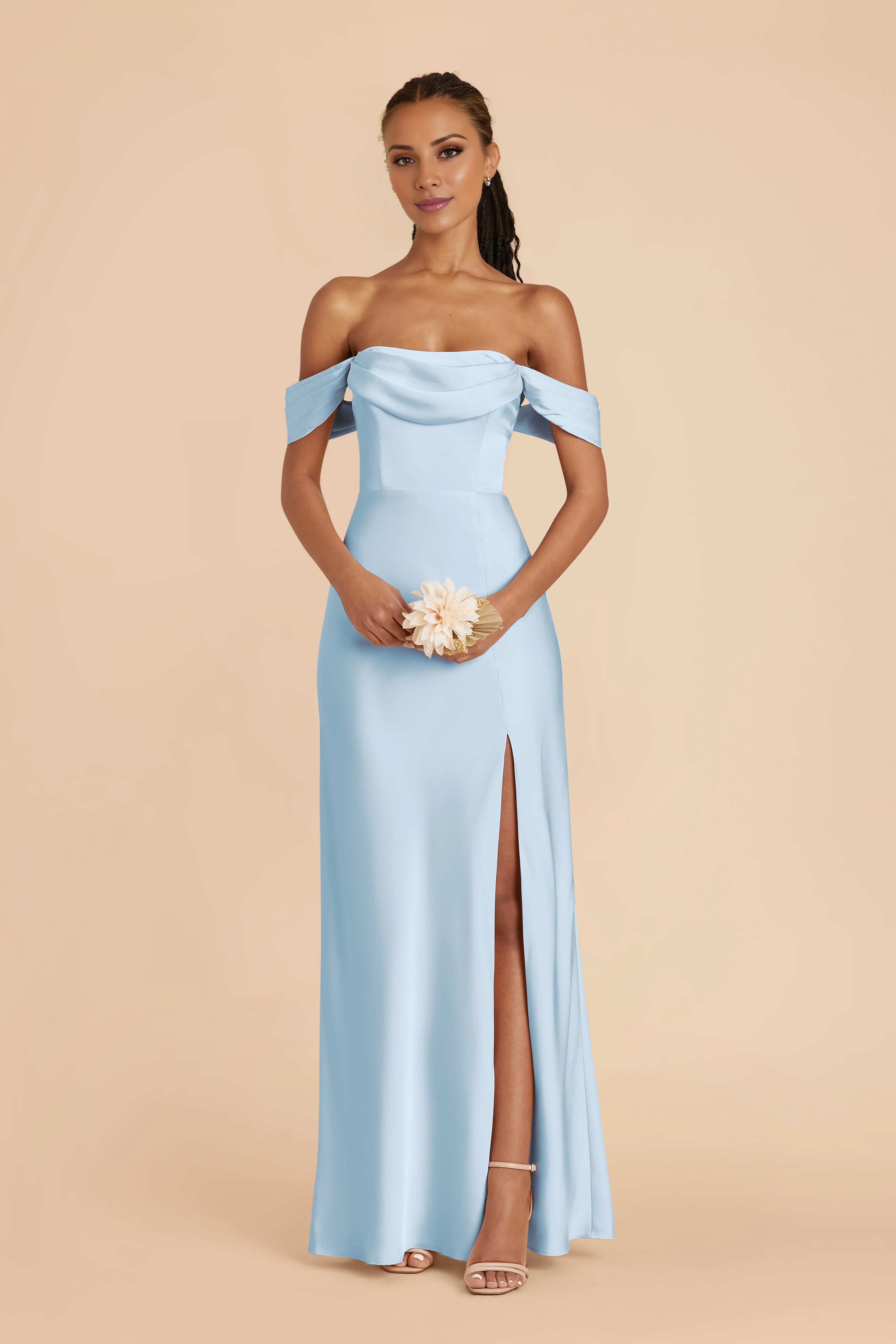 Elegant Sky Blue Sleeveless Satin Off-the-Shoulder Side Slit Floor-Length Bridesmaid Dress