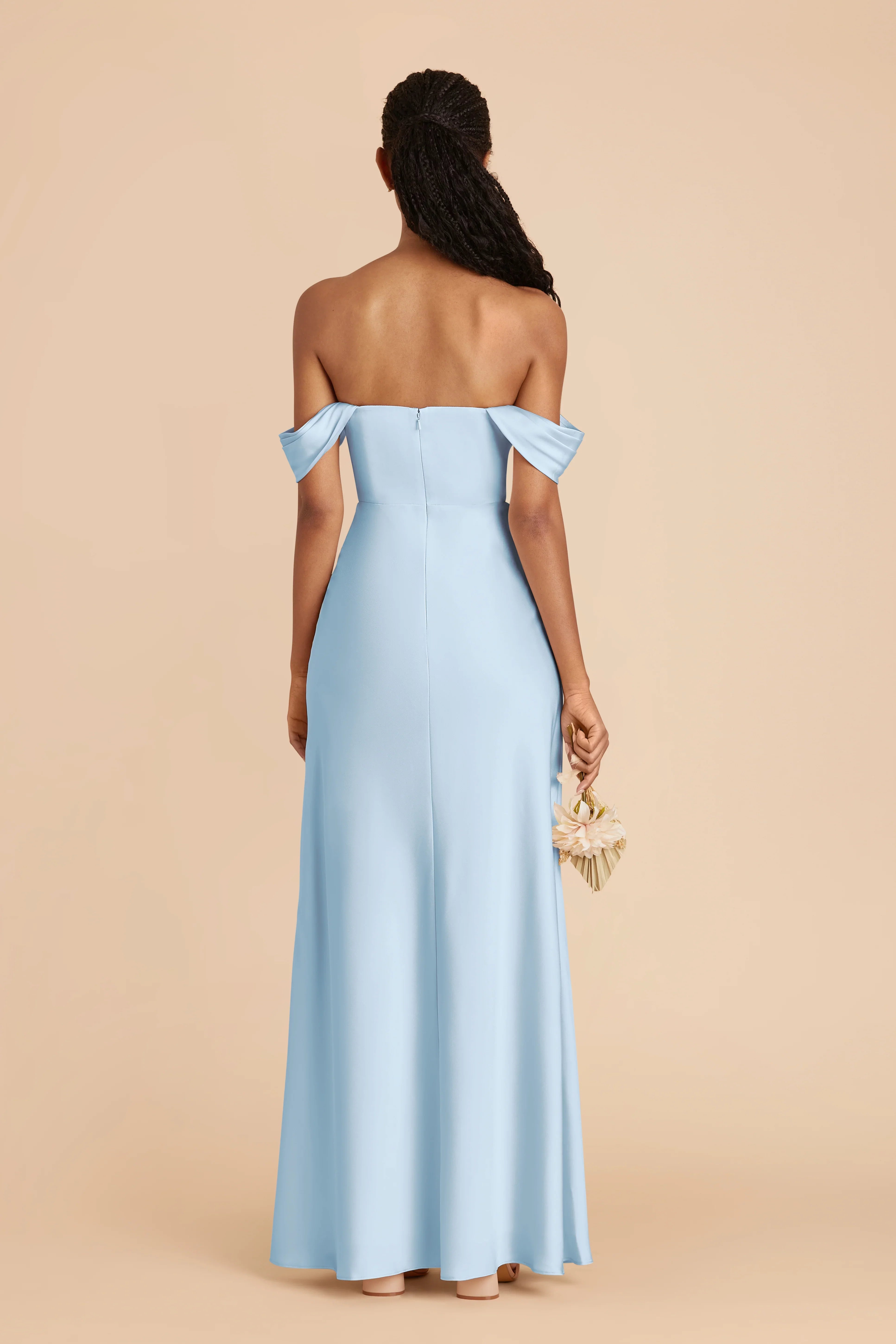 Elegant Sky Blue Sleeveless Satin Off-the-Shoulder Side Slit Floor-Length Bridesmaid Dress