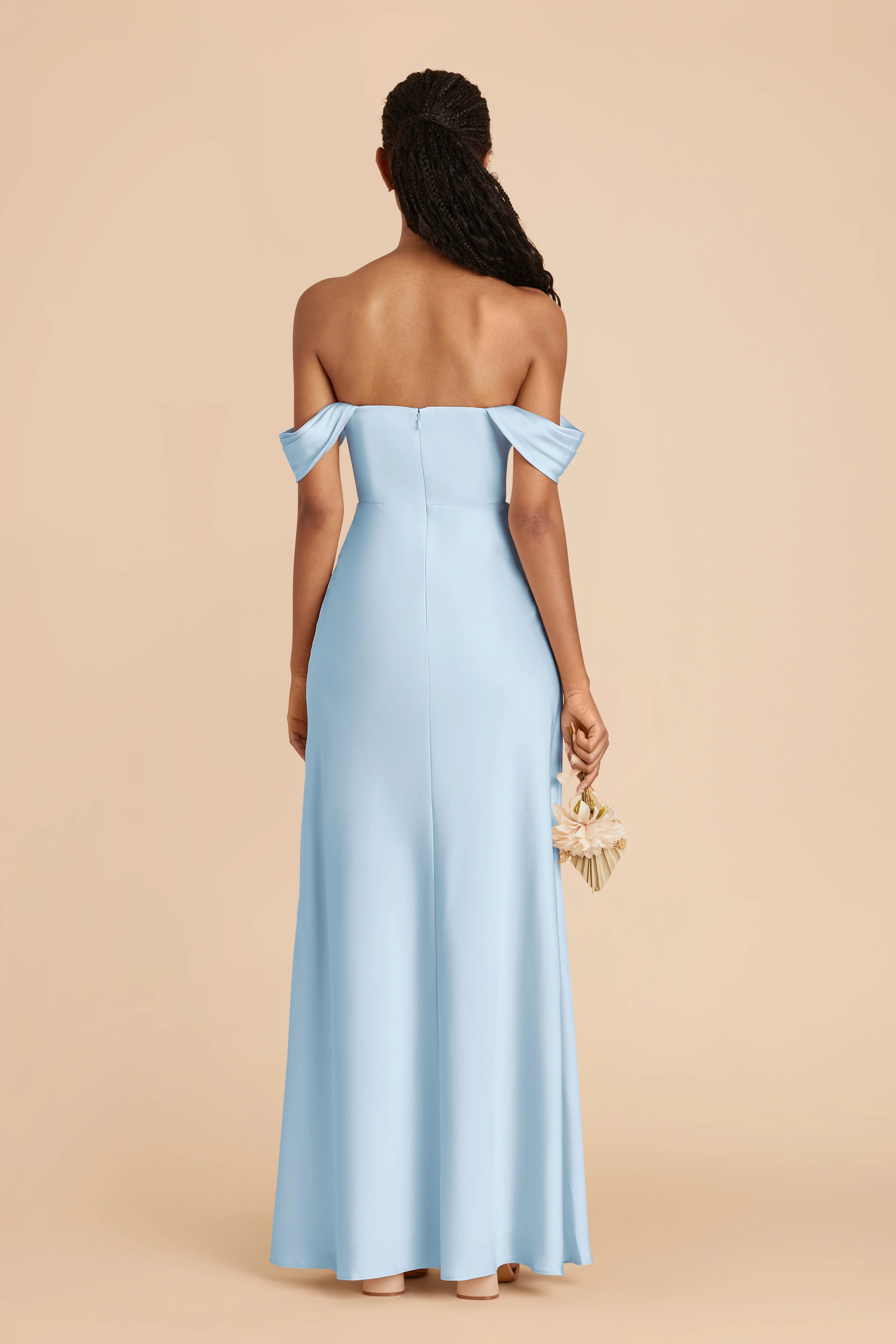 Elegant Sky Blue Sleeveless Satin Off-the-Shoulder Side Slit Floor-Length Bridesmaid Dress