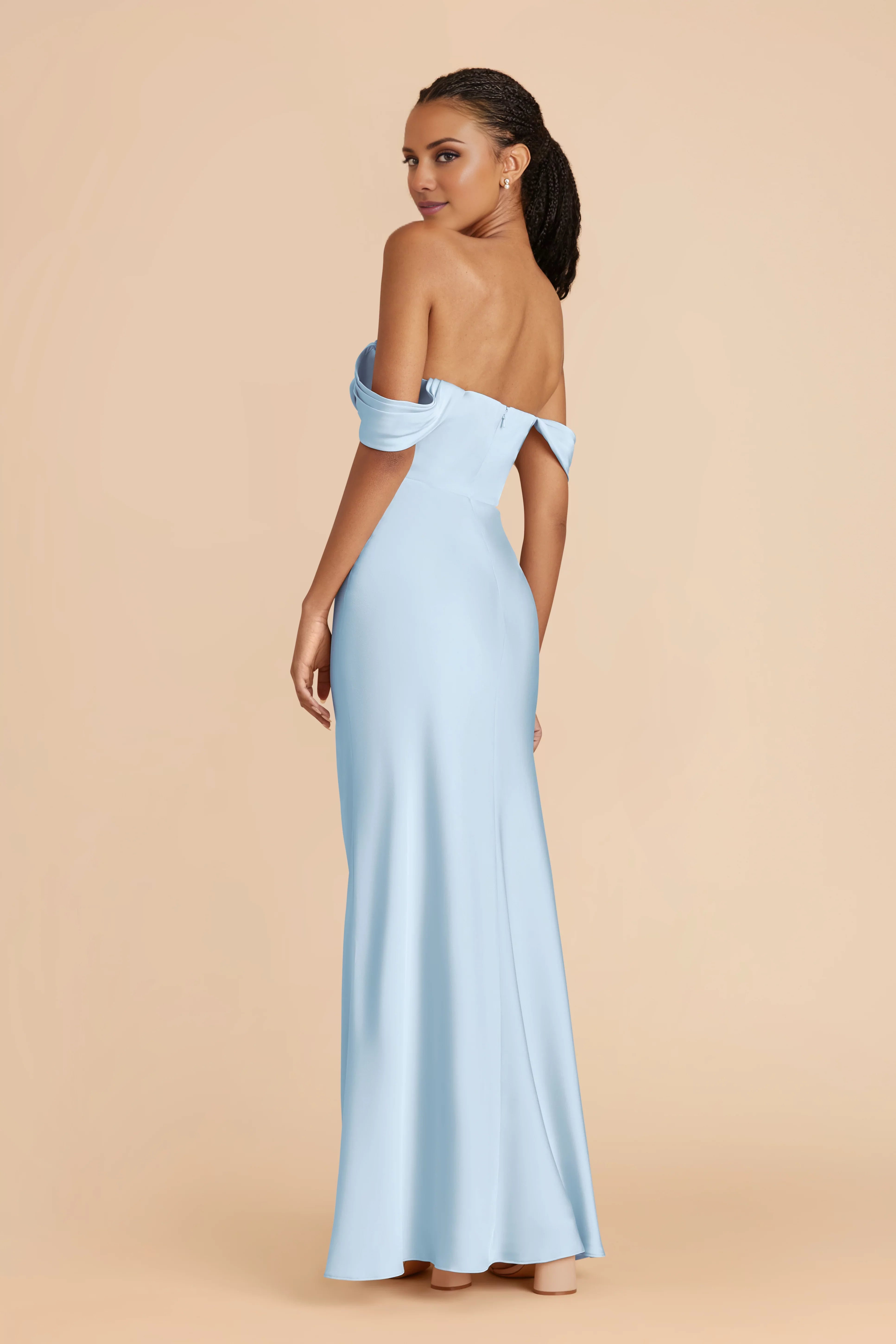 Elegant Sky Blue Sleeveless Satin Off-the-Shoulder Side Slit Floor-Length Bridesmaid Dress