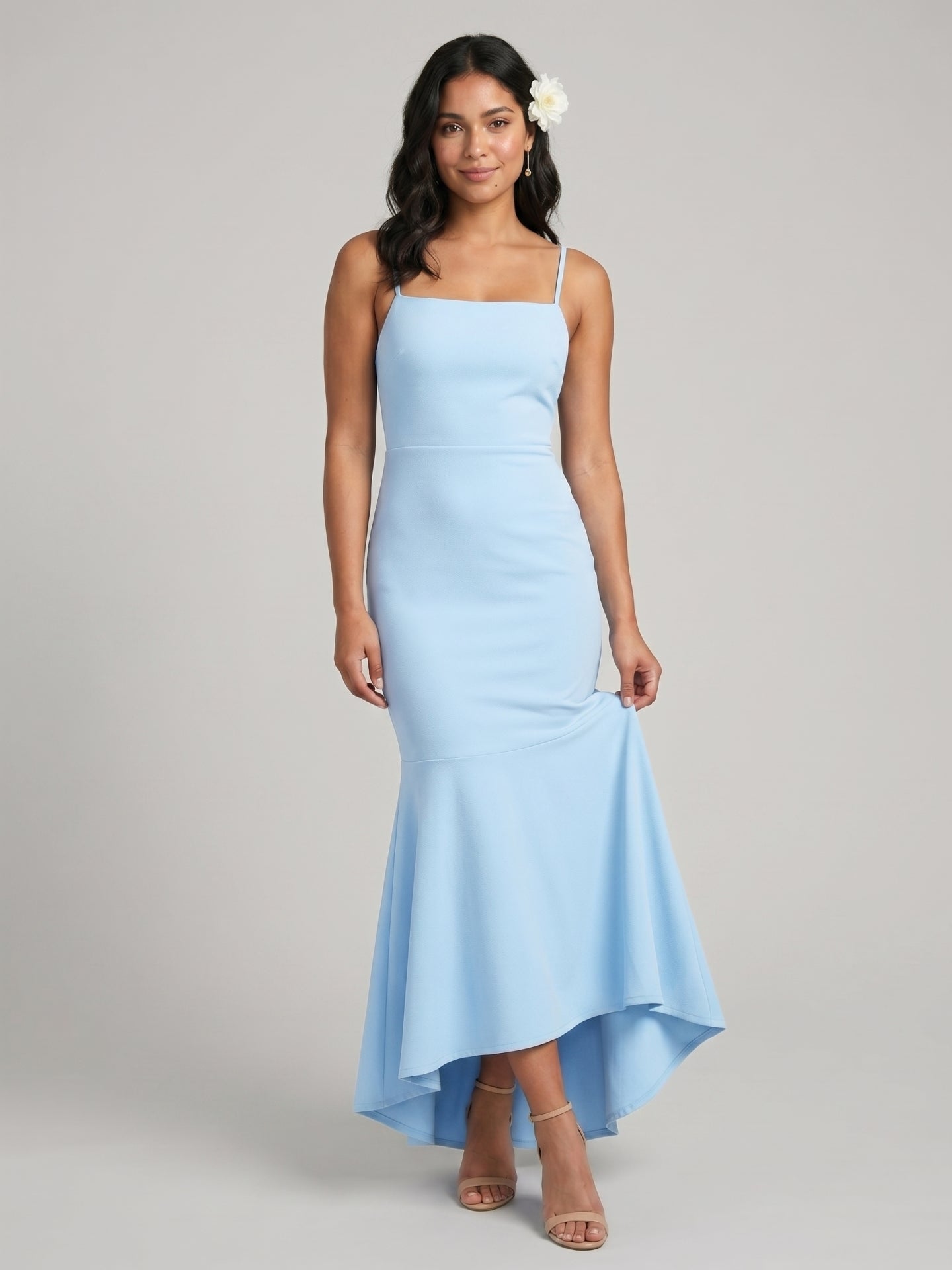 Elegant Sky Blue Stretch Knit mermaid Straight Neck Backless Ankle-Length Bridesmaid Dress