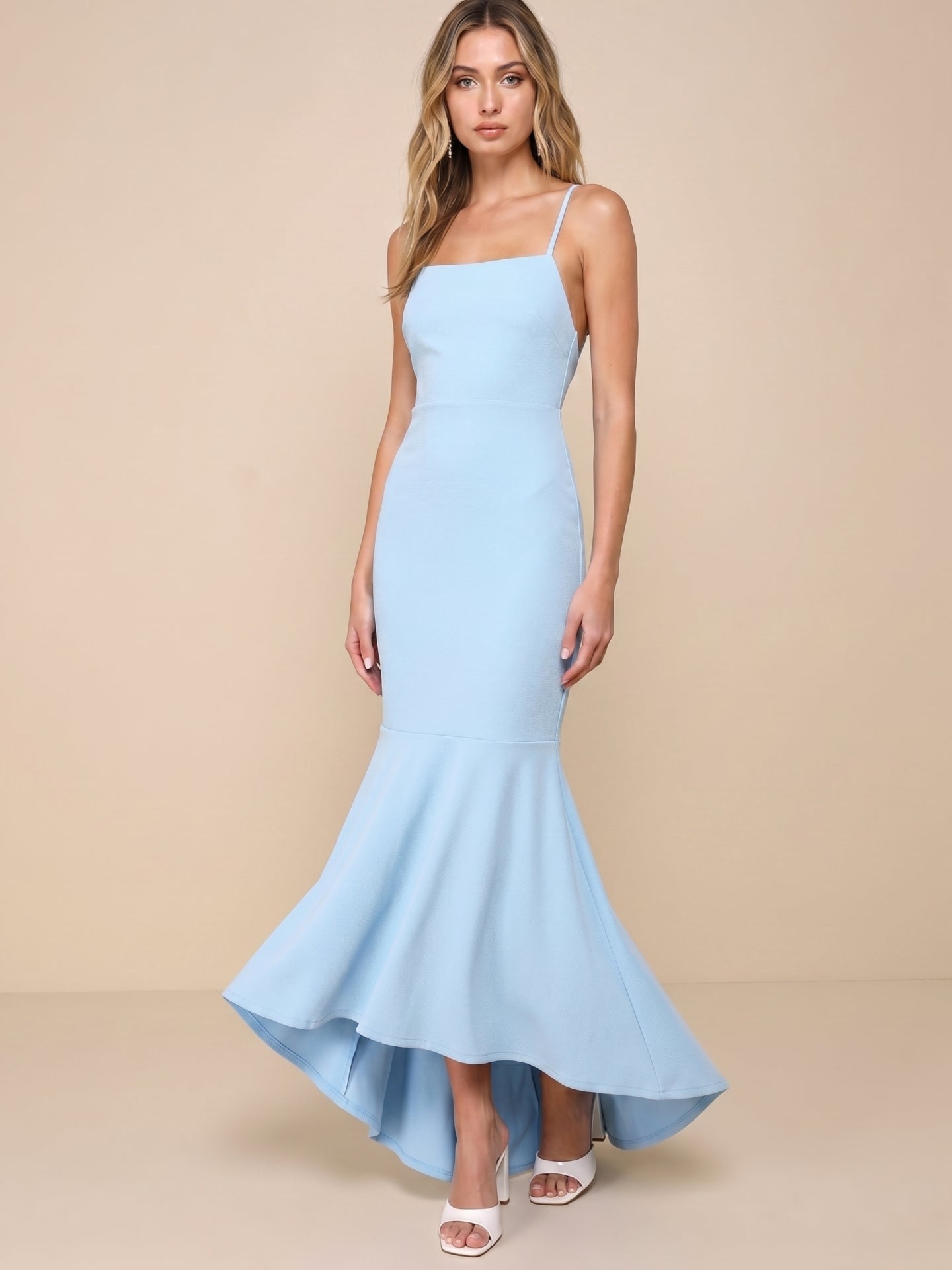 Elegant Sky Blue Stretch Knit mermaid Straight Neck Backless Ankle-Length Bridesmaid Dress