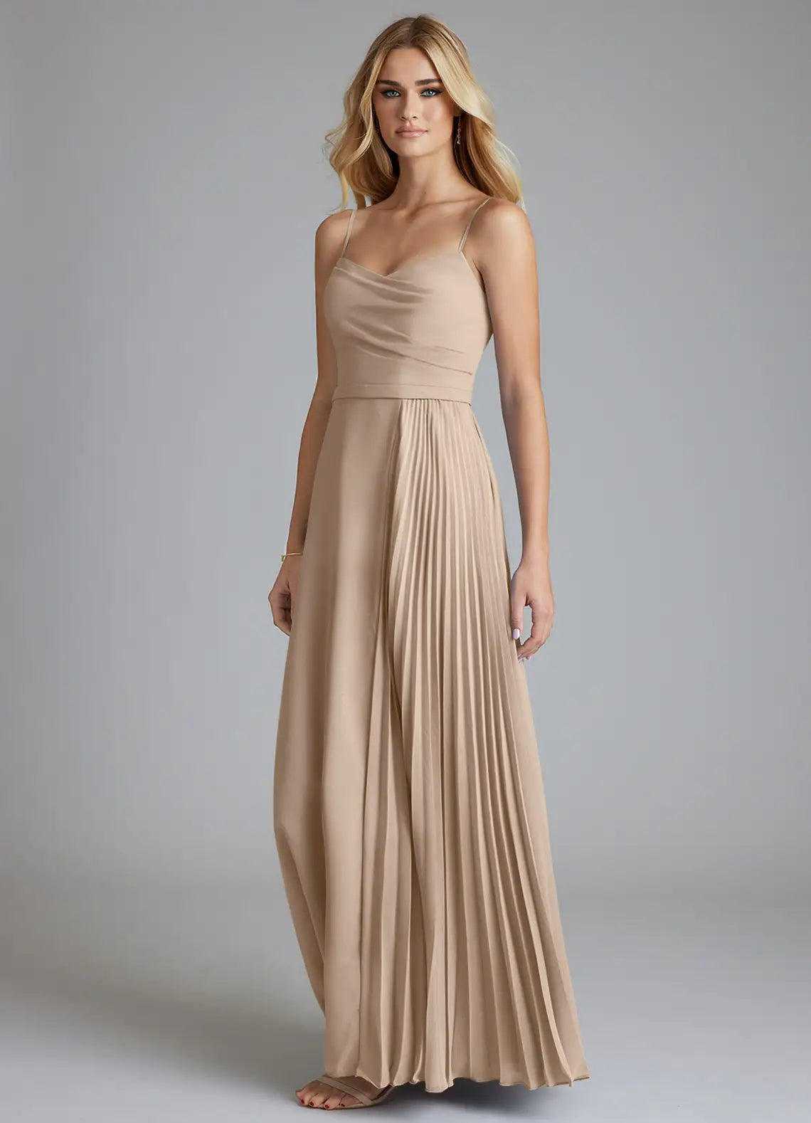 Elegant Spaghetti Strap Bridesmaid Dresses with Ruched Bodice, Pleated Skirt Detail and Flowing Chiffon Maxi Silhouette Formal Gown